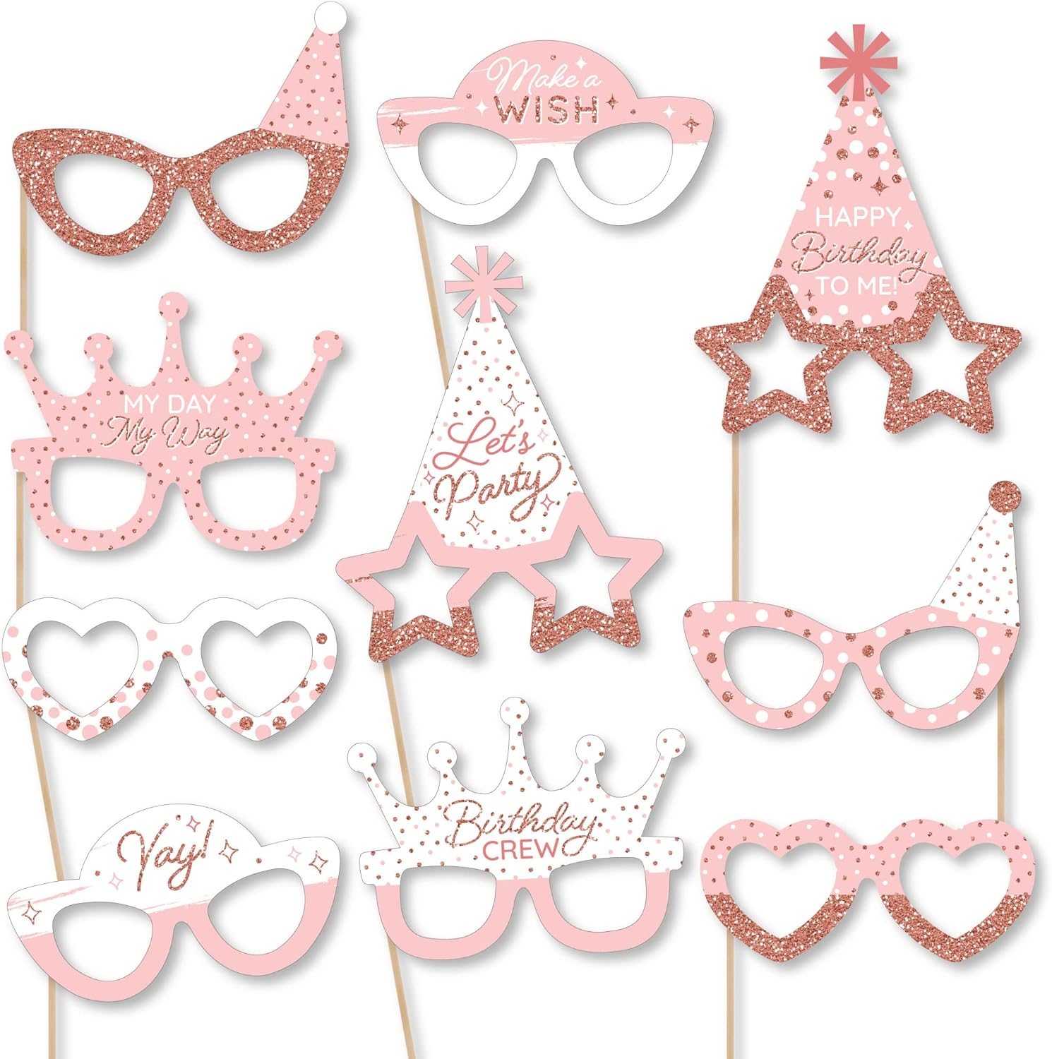 Pink Rose Gold Birthday Photo Booth Props Kit - 10 Count