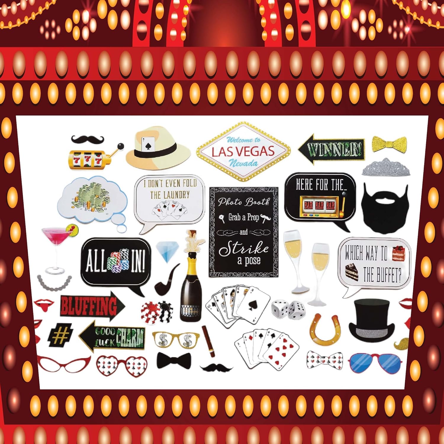 Casino Party Photo Booth Props Set - 41 Piece with Sign and Sticks