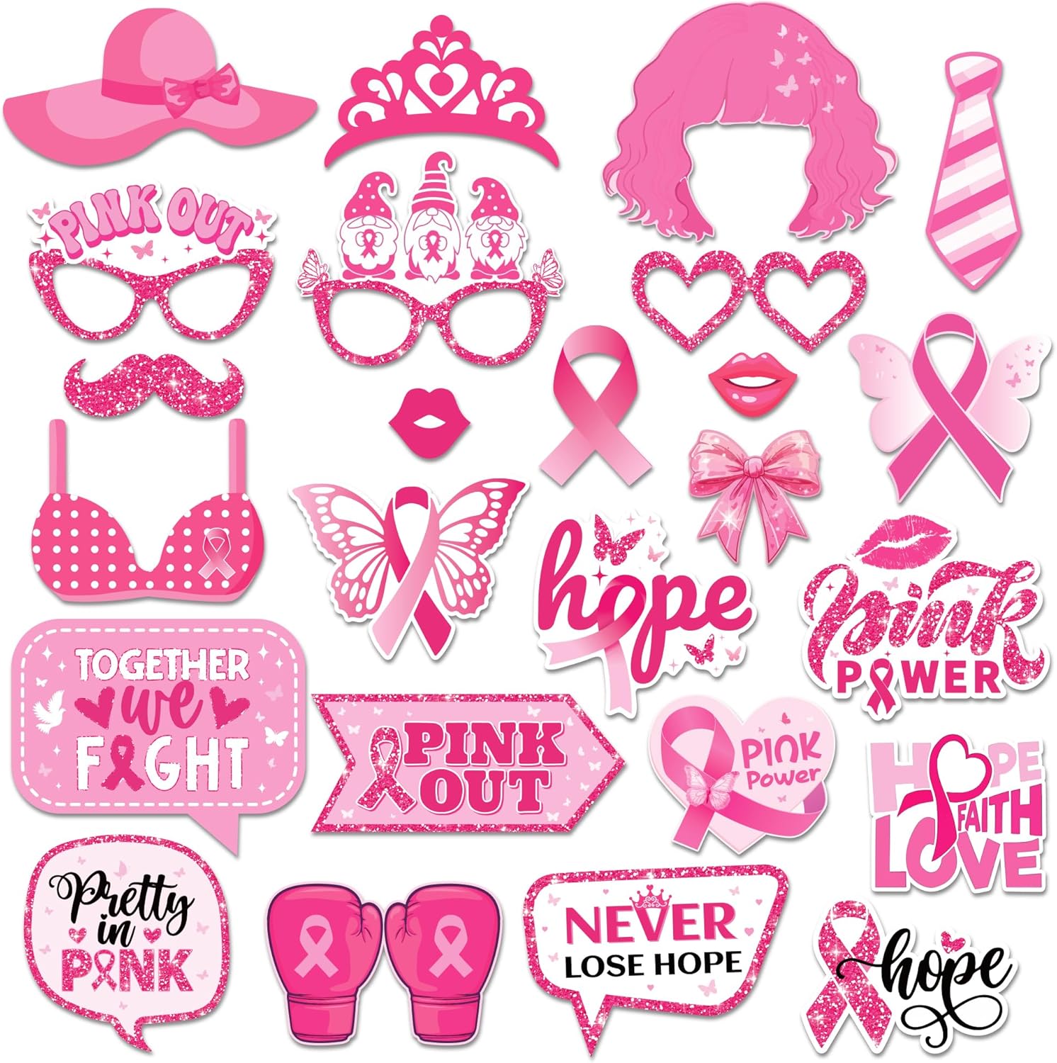 25pcs Breast Cancer Awareness Photo Booth Props with Stick