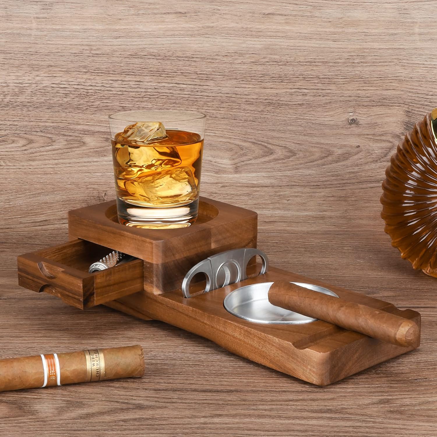 Scotte Wood Whiskey Tray with Cigar Cutter and Ashtray Drawer