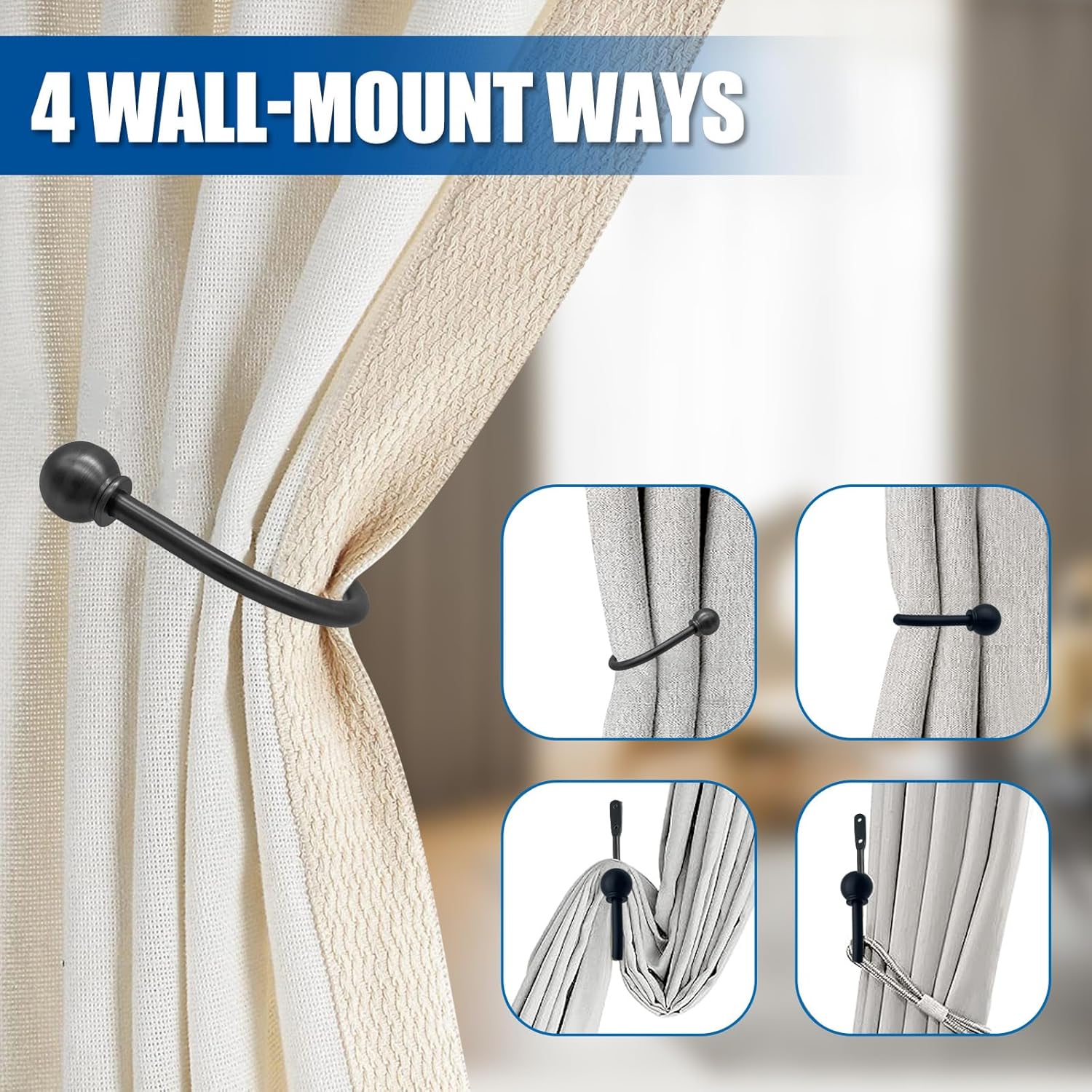 ARNORX Curtain Holdbacks with French Ball Ends 2PCS Matte Black