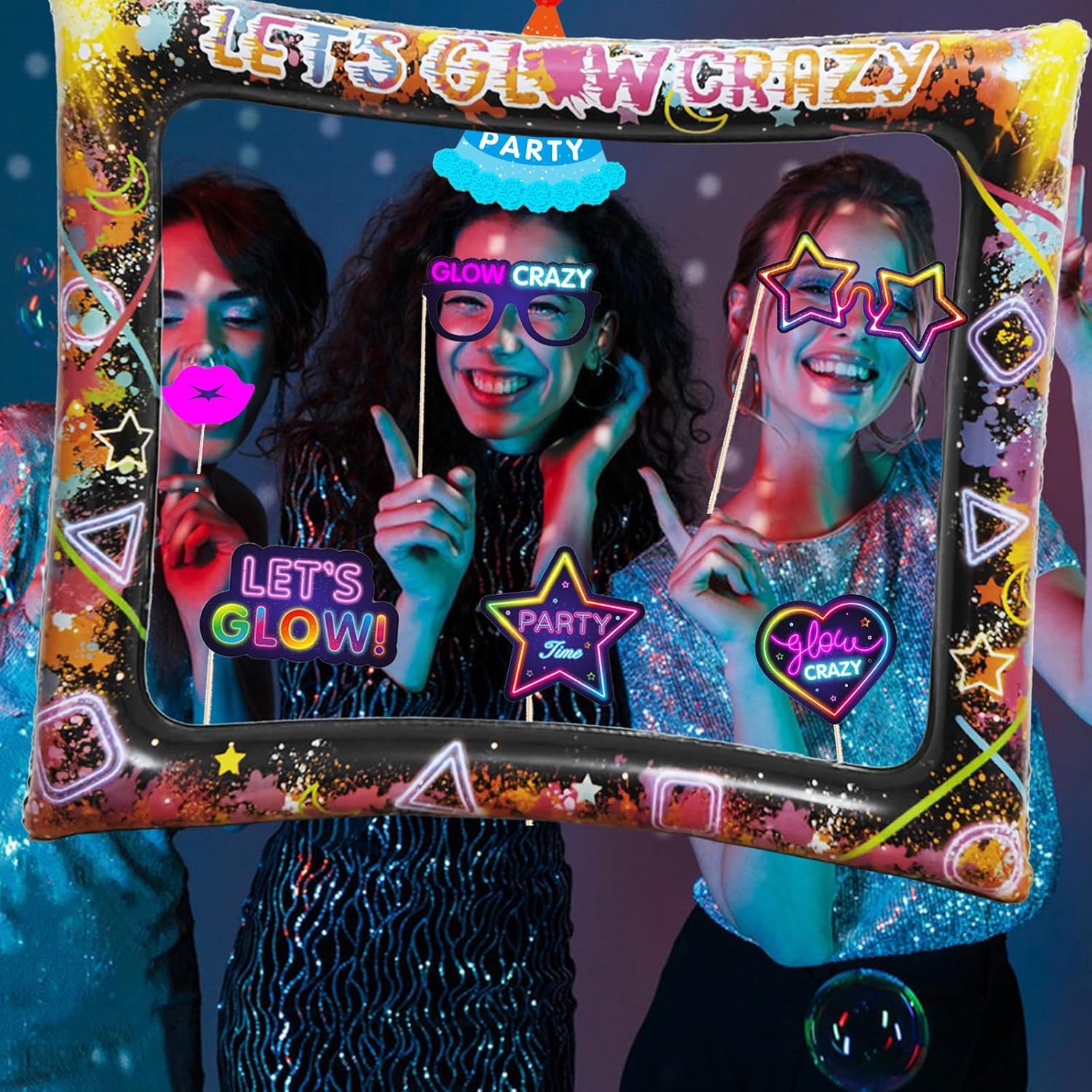 25pcs Neon Glow Party Photo Booth Props with Lets Glow Inflatable Selfie Frame