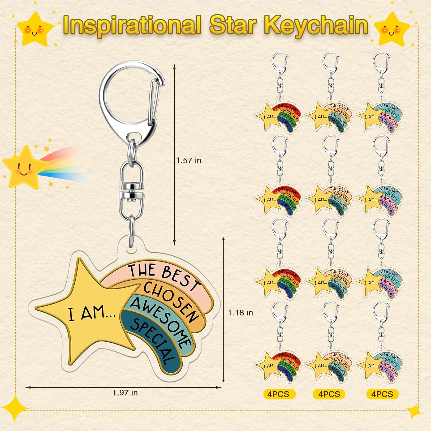 Henoyso 36 Sets Rainbow Star Keychain Bulk