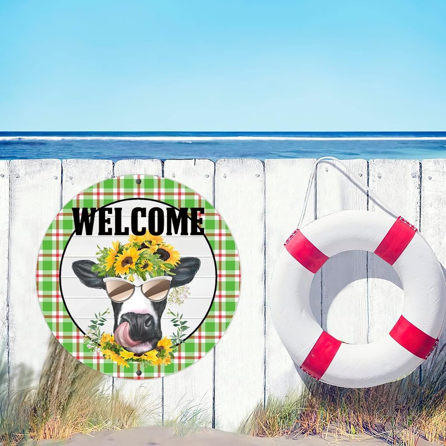Retro Farmhouse Metal Tin Sign with Sunflowers and Cow