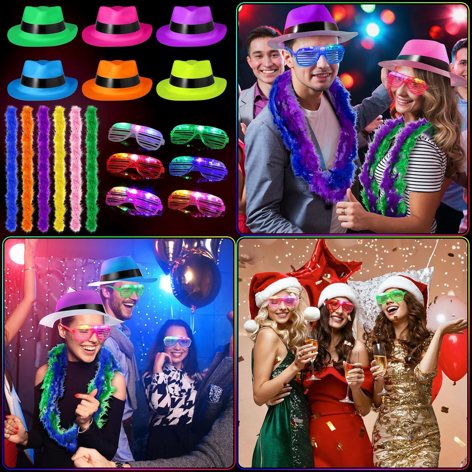 54 Piece Halloween Neon Party Kit with LED Glasses and Gangster Hats