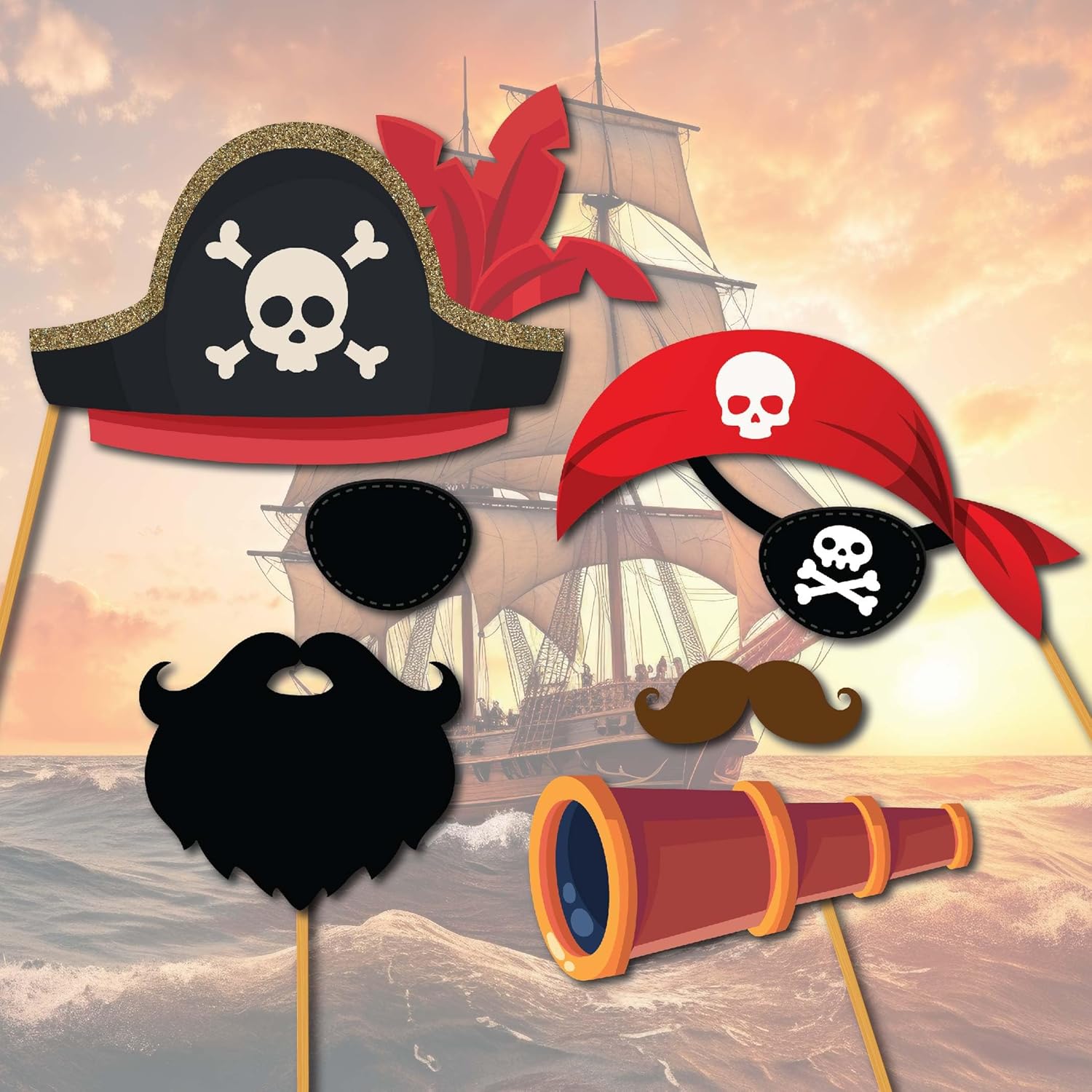 Pirate Photo Booth Props - 41pc Kit with Sign Sticks and Adhesive Pads