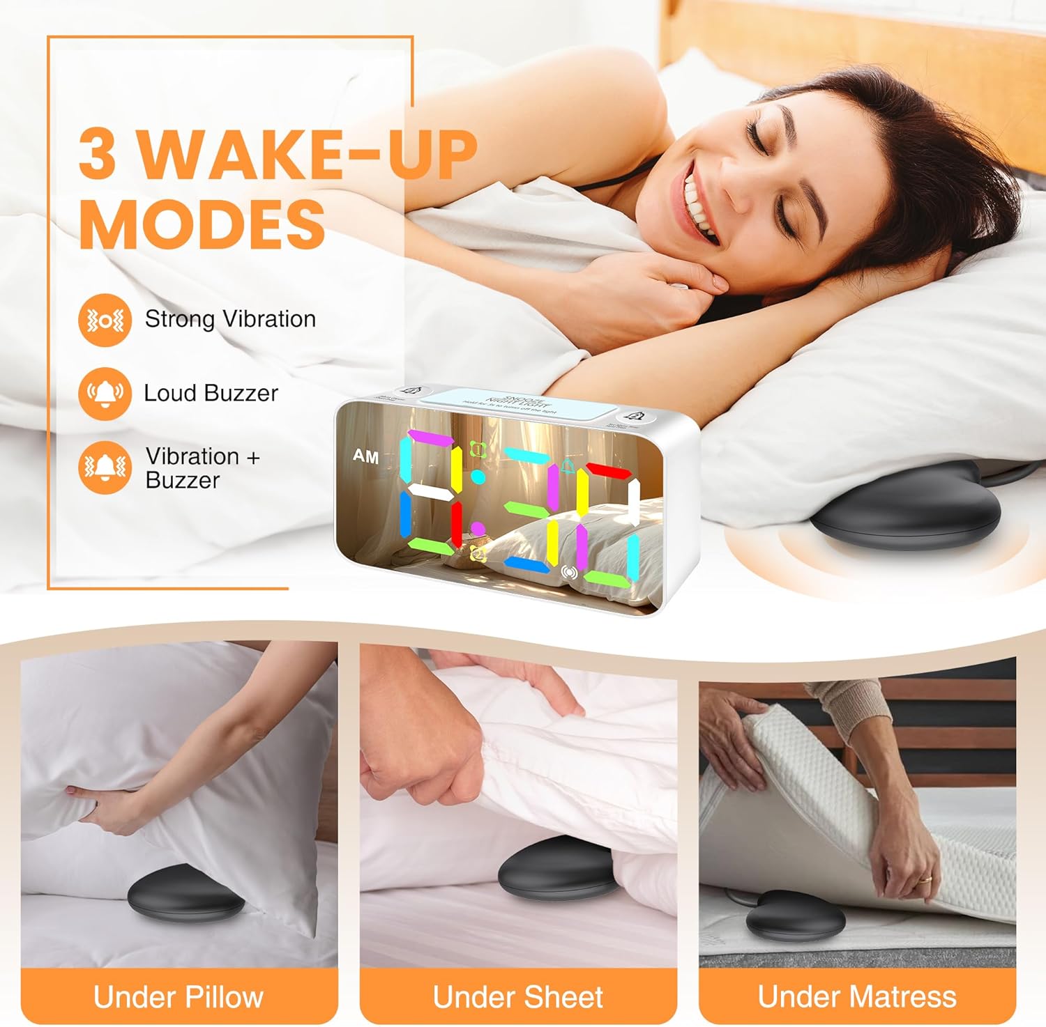 Loud Vibrating Alarm Clock with Bed Shaker and RGB Display