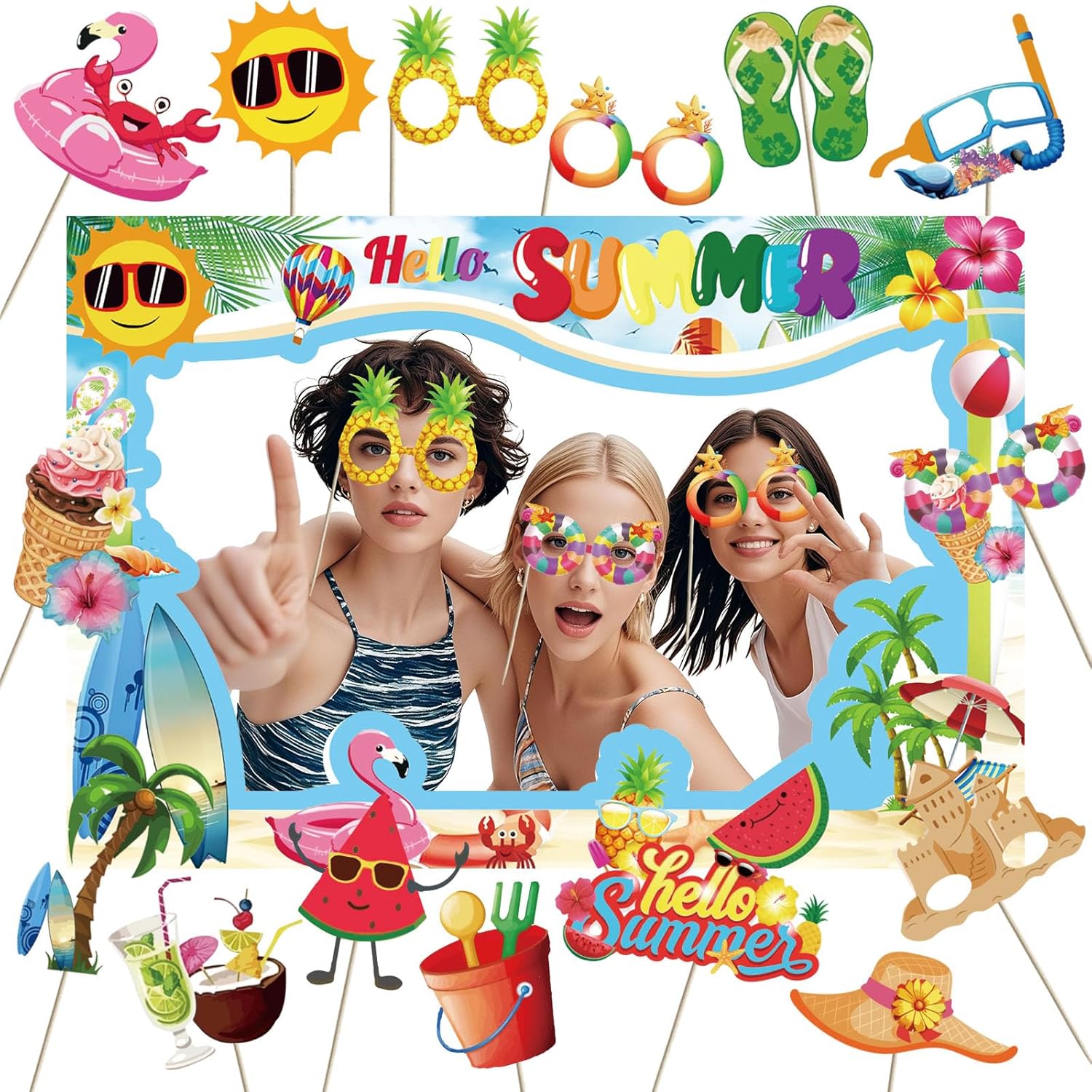 Hello Summer Photo Booth Props Set - Tropical Hawaiian Theme