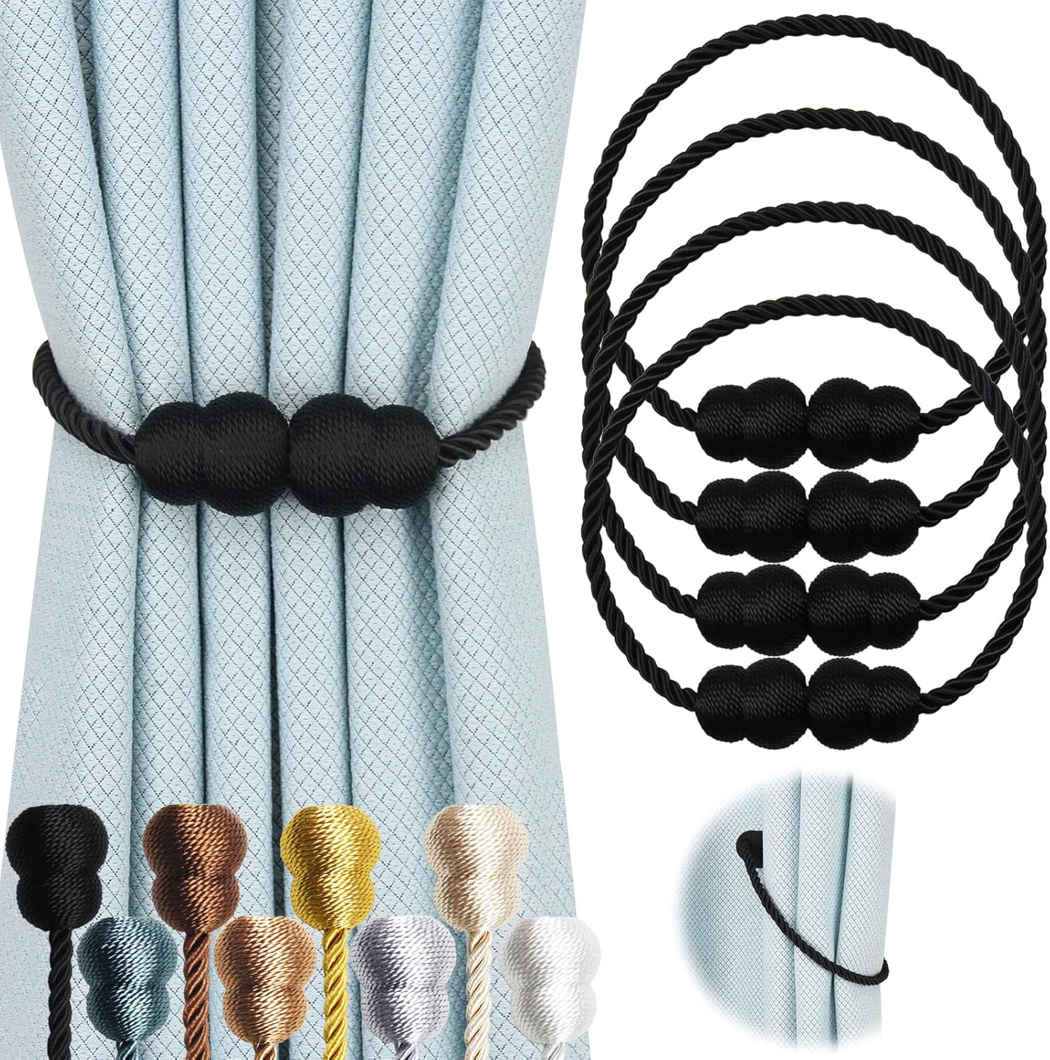 Magnetic Curtain Tiebacks 4 Pack Black Elegant Holders for Curtains