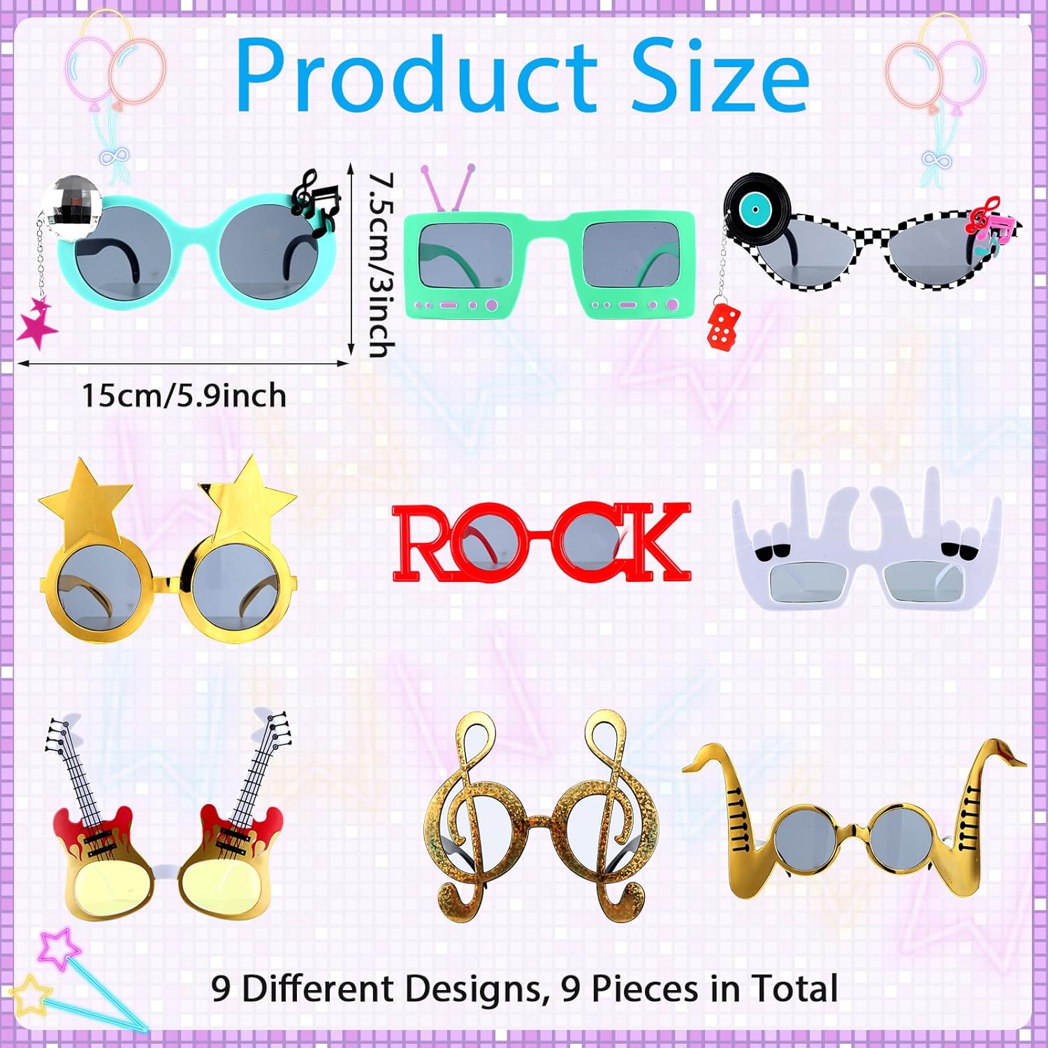 9 Pack Retro Rock Music Funny Sunglasses for Parties