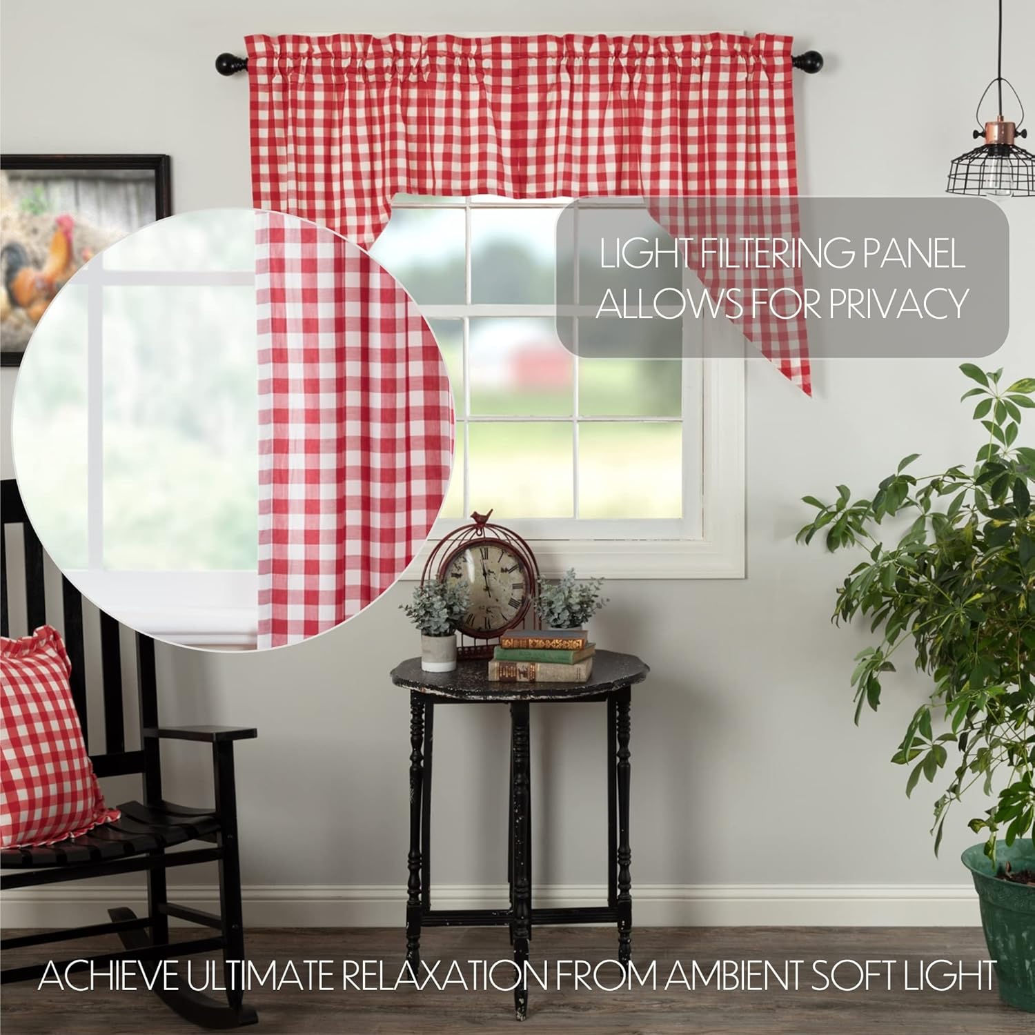 VHC Brands Red Buffalo Check Swag Curtains Pair 36x36x16