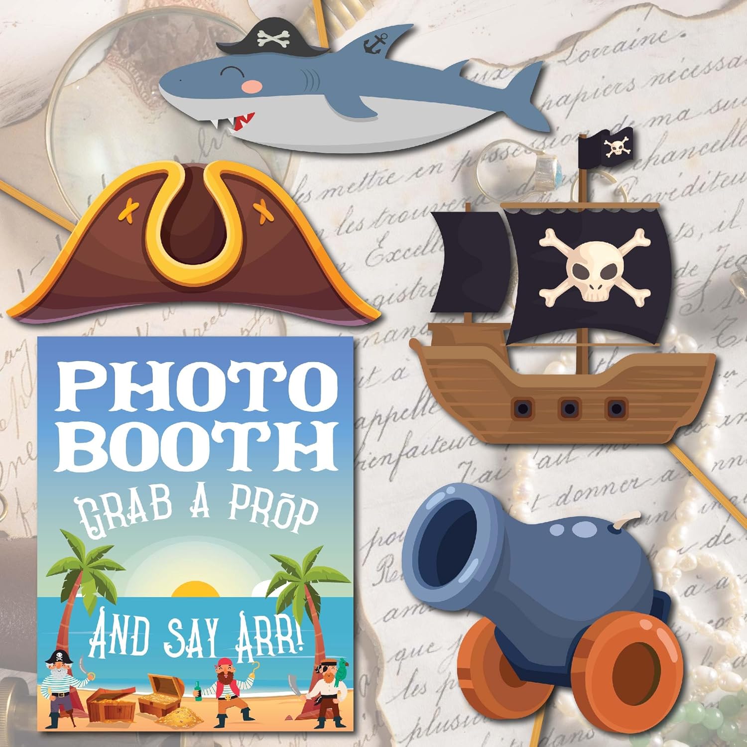 Pirate Photo Booth Props - 41pc Kit with Sign Sticks and Adhesive Pads