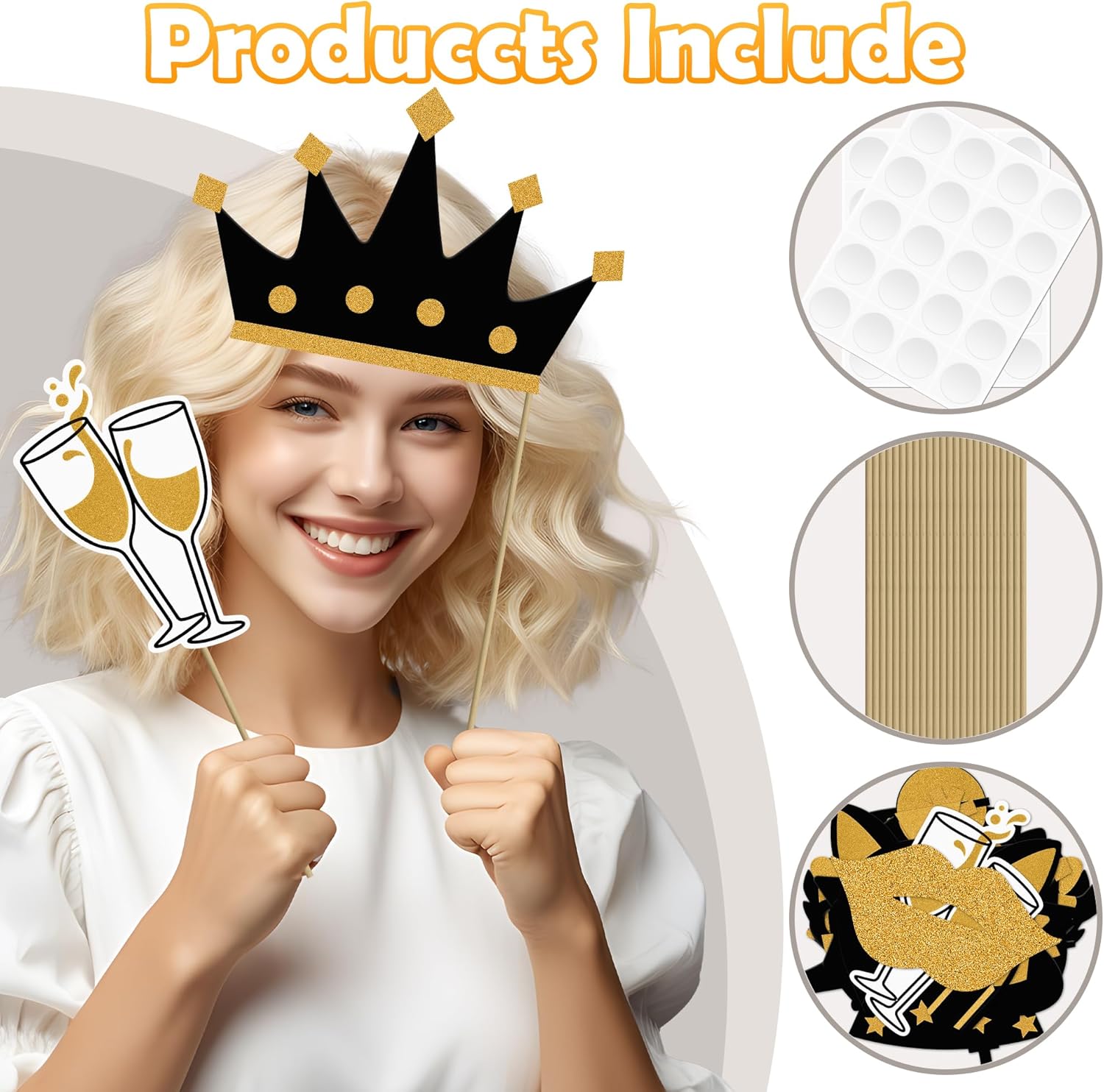 24PCS Funny Photo Booth Props Set Black Gold