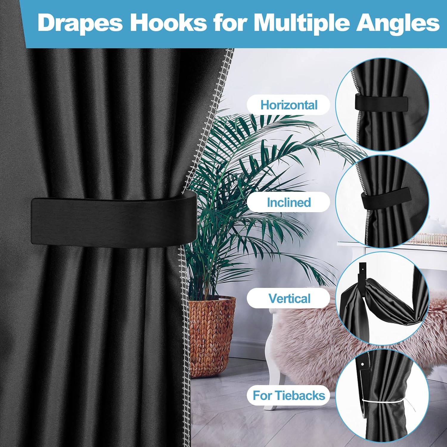 Kigley 4 Pcs Wood Curtain Tiebacks with Hooks