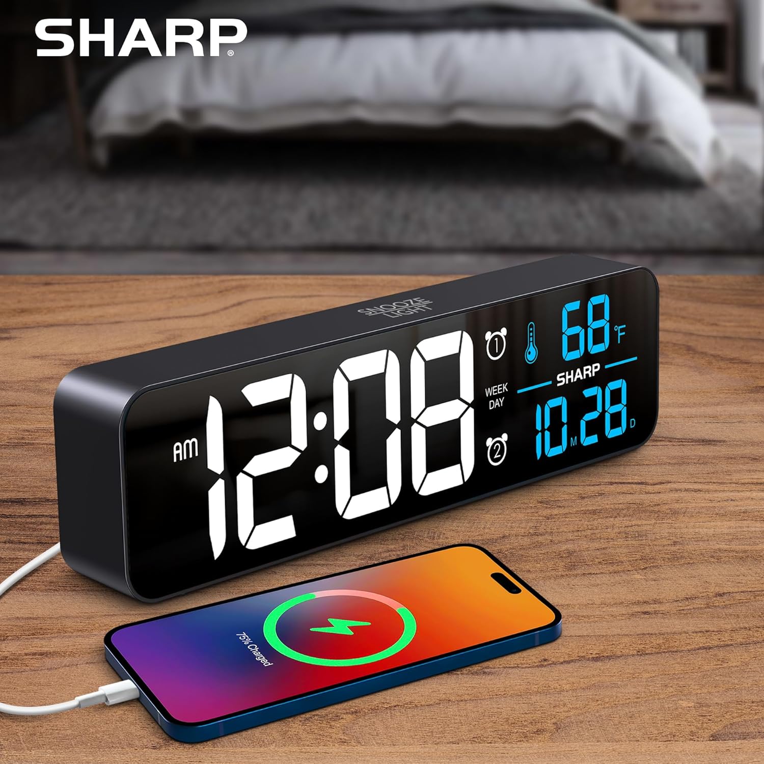 Sharp Digital Alarm Clock with Temperature Display
