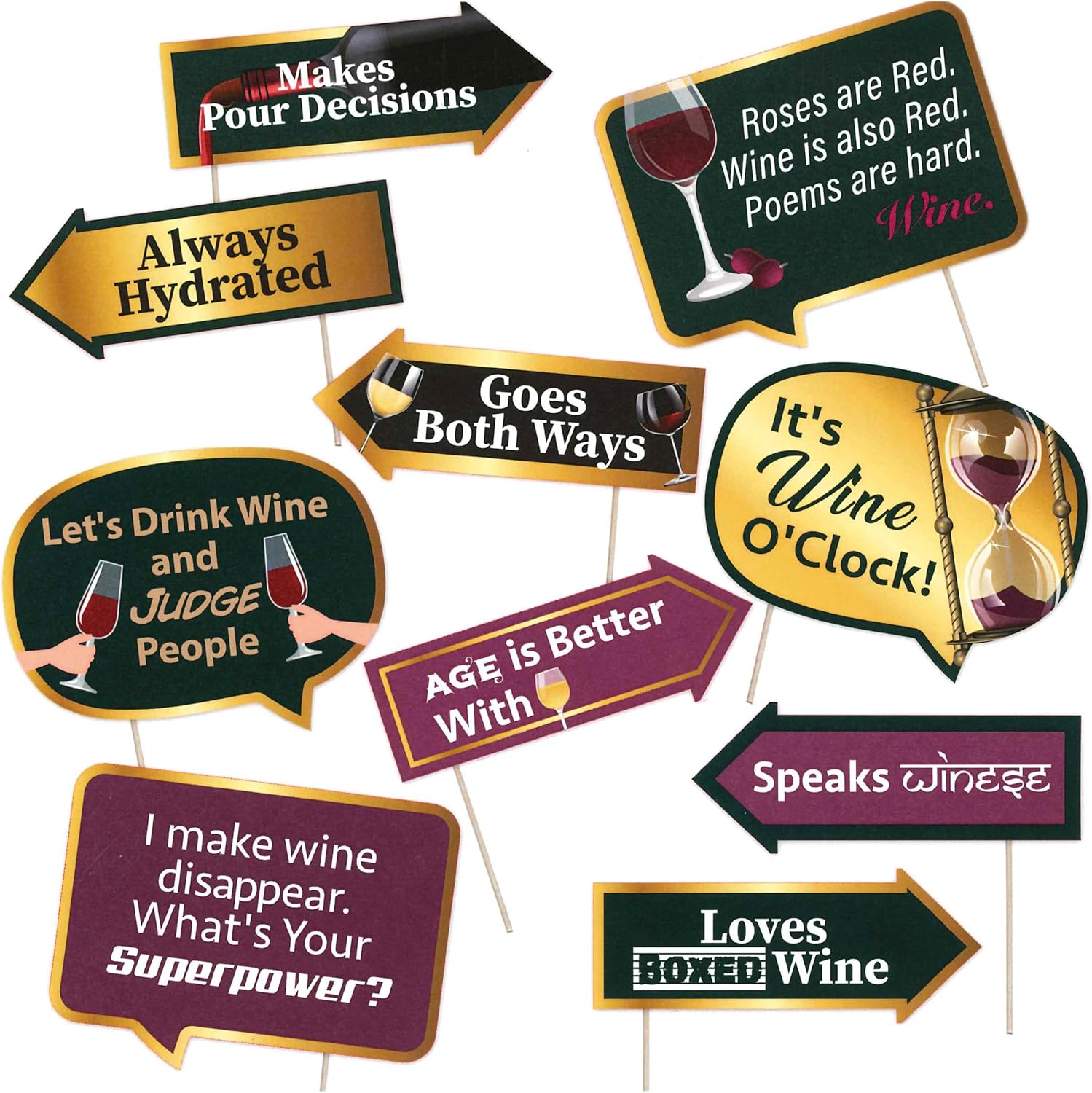 Wine Party Photo Booth Props - 10pcs Set with Bamboo Sticks