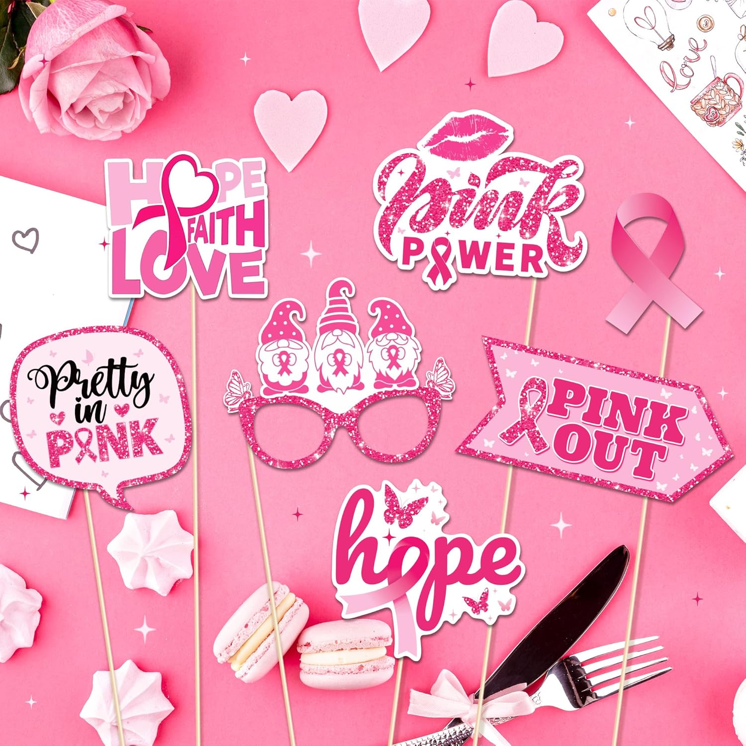 25pcs Breast Cancer Awareness Photo Booth Props with Stick