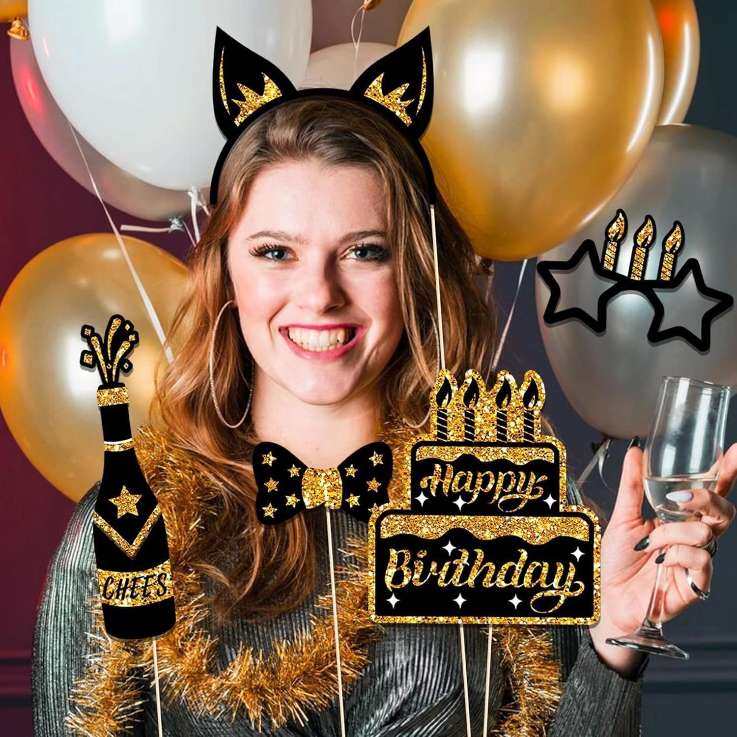 36Pcs Birthday Photo Booth Props Kit with Glitter