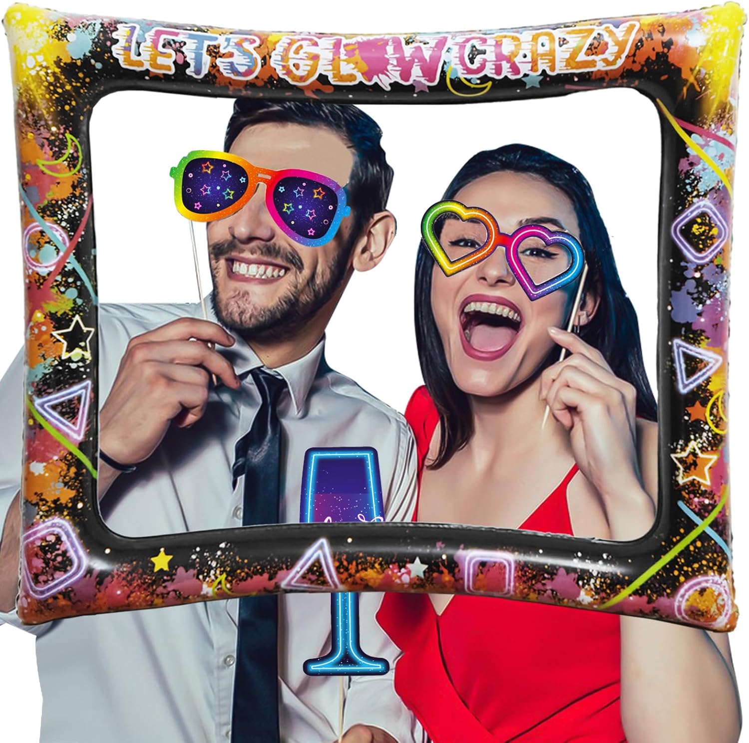 25pcs Neon Glow Party Photo Booth Props with Lets Glow Inflatable Selfie Frame