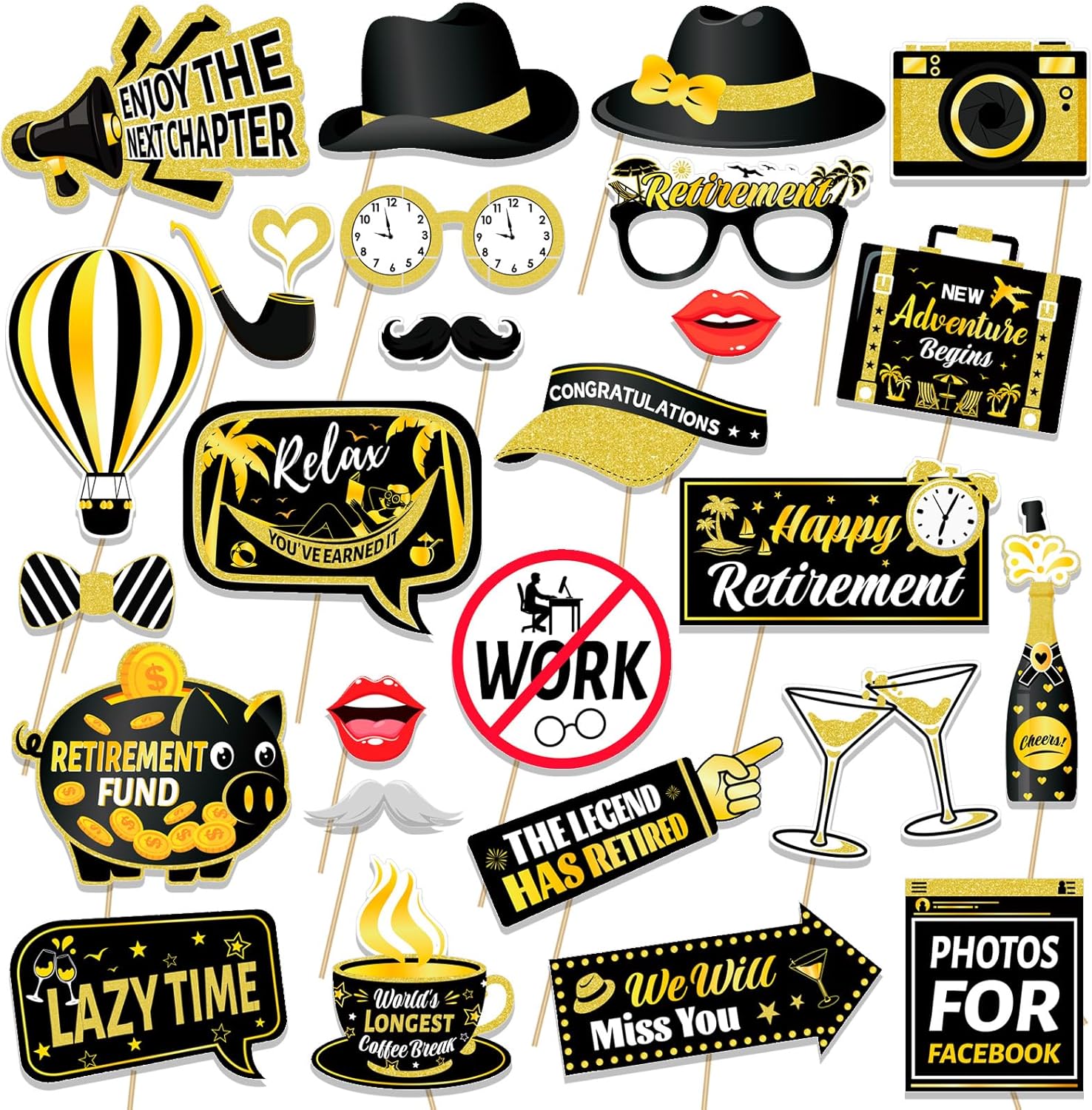 HOWAF Retirement Party Photo Booth Props Kit - 26pcs Selfie Props Frame