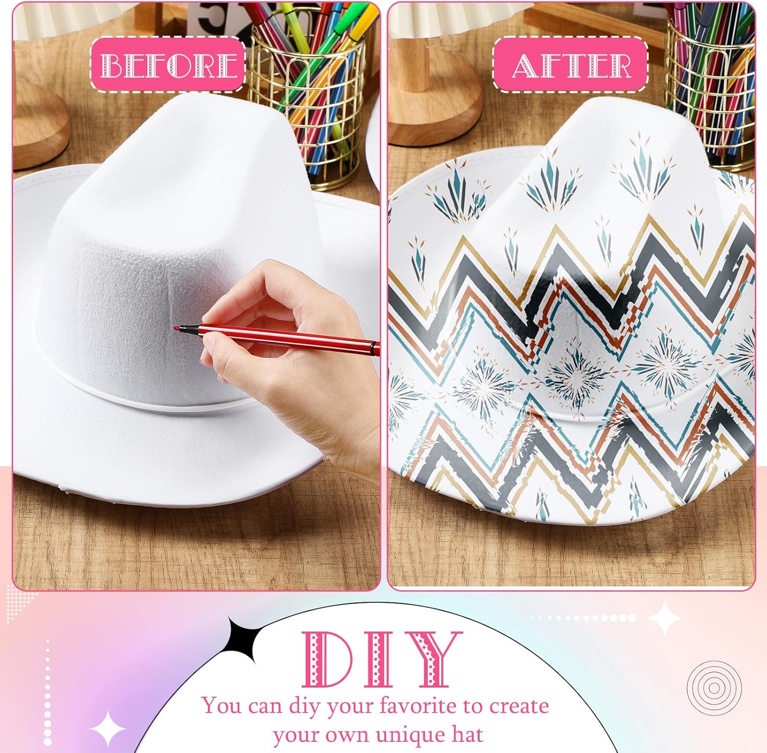 DIY White Cowboy Hats with Markers for Costume Parties