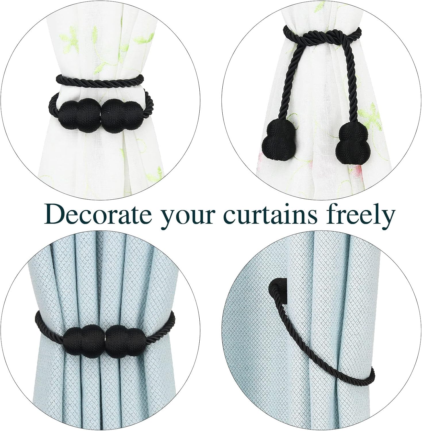 Magnetic Curtain Tiebacks 4 Pack Black Elegant Holders for Curtains