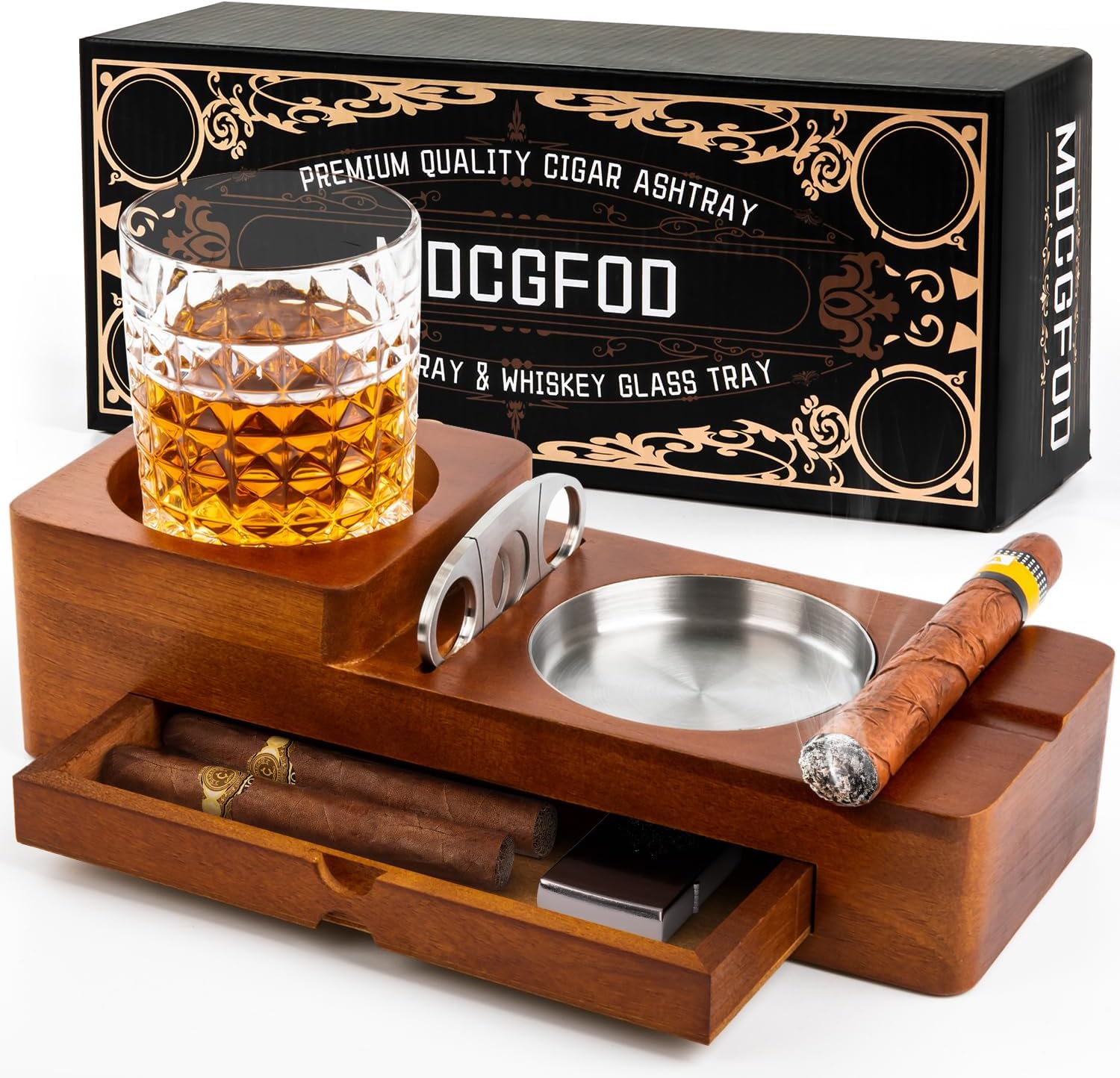 Cigar Ashtray Whiskey Glass Tray Set for Men