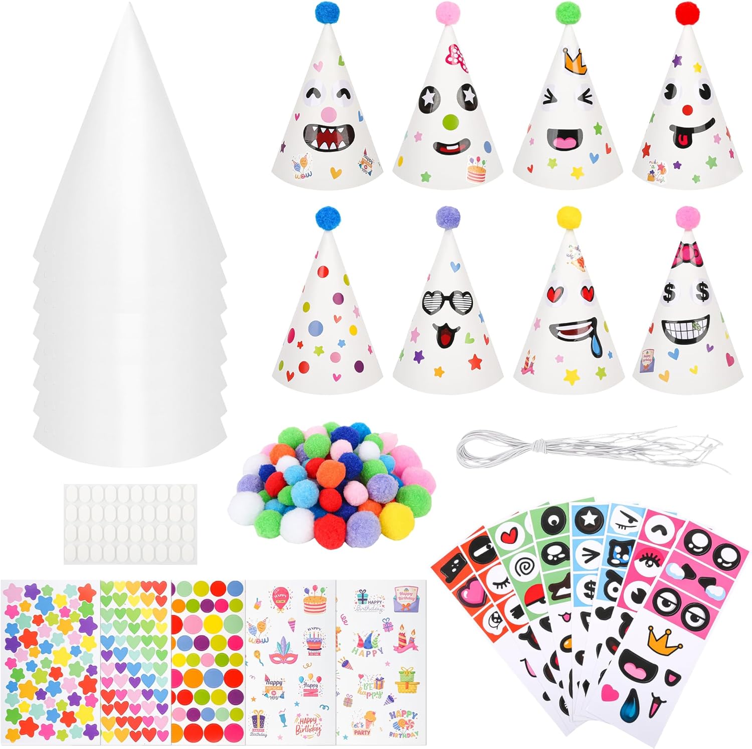 24 Pcs White DIY Birthday Party Hats with Stickers and Pom Poms