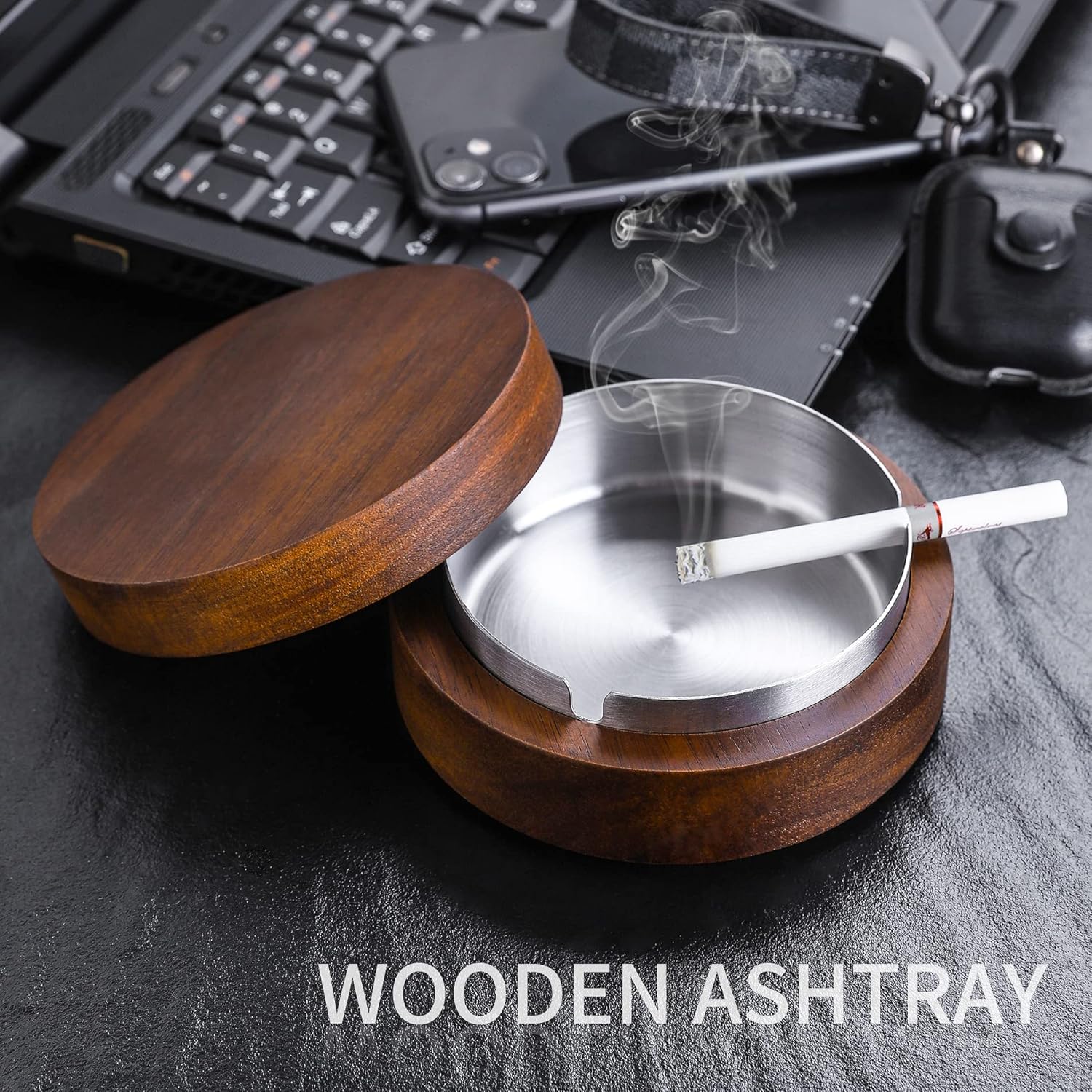 Wooden Ashtray with Lid and Stainless Steel Liner