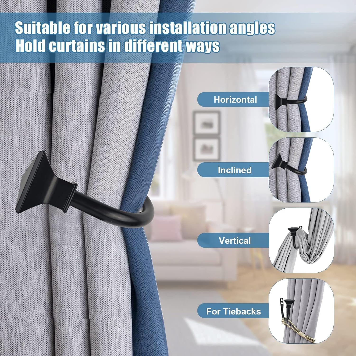 2Pcs Square Metal Curtain Holdbacks with Screws Black