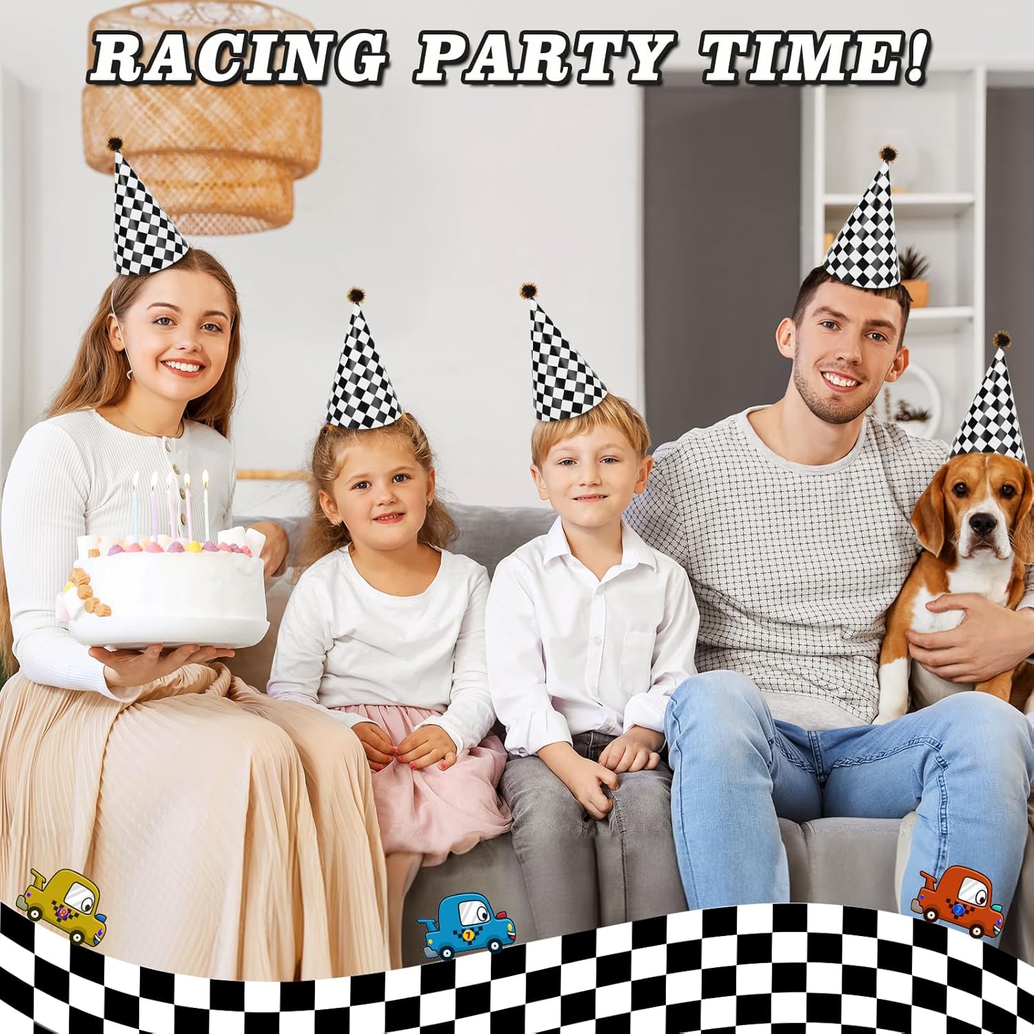 60PCS Race Car Themed Paper Cone Hats with Pom Poms and Elastic