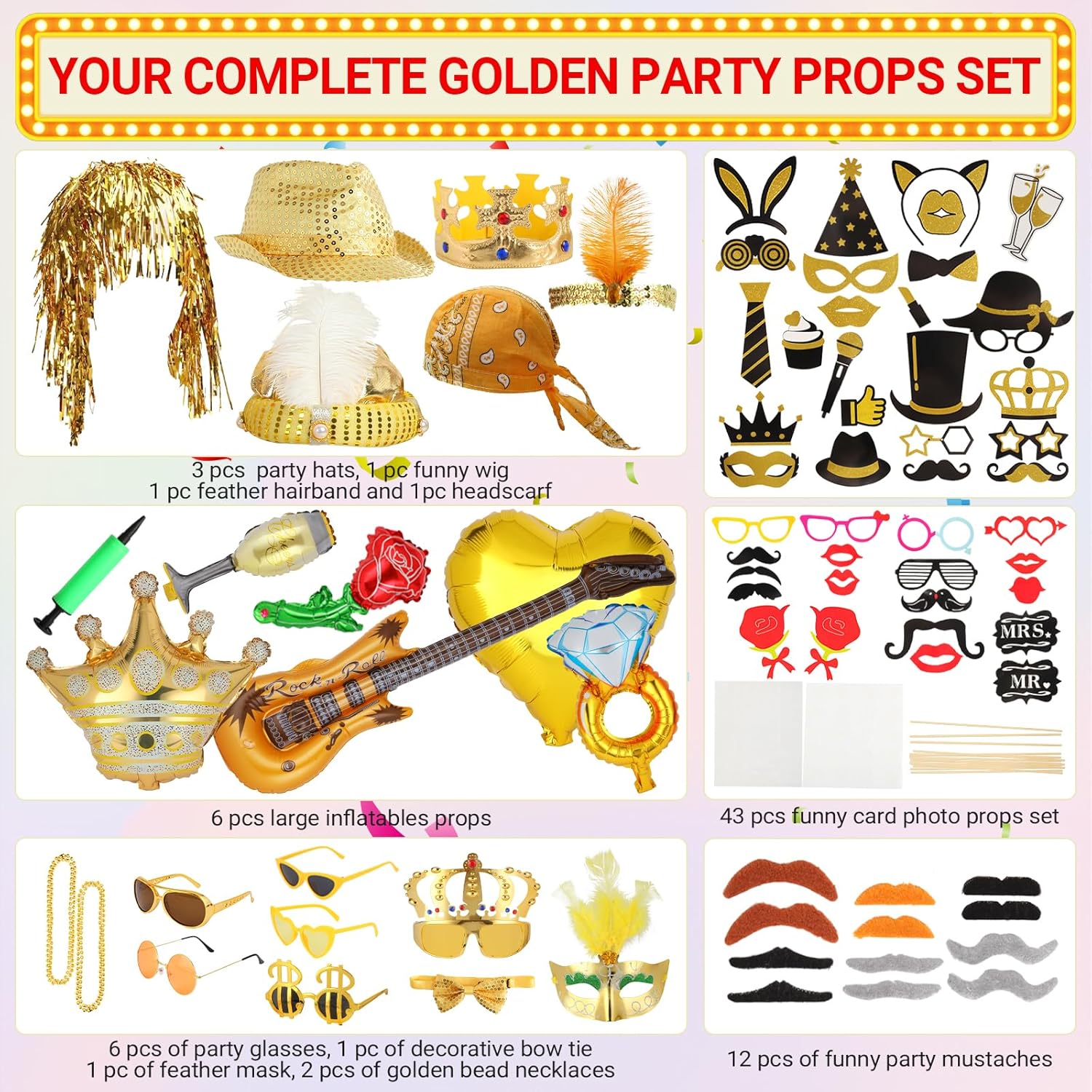 Gold Party Photo Booth Props Set for Adults