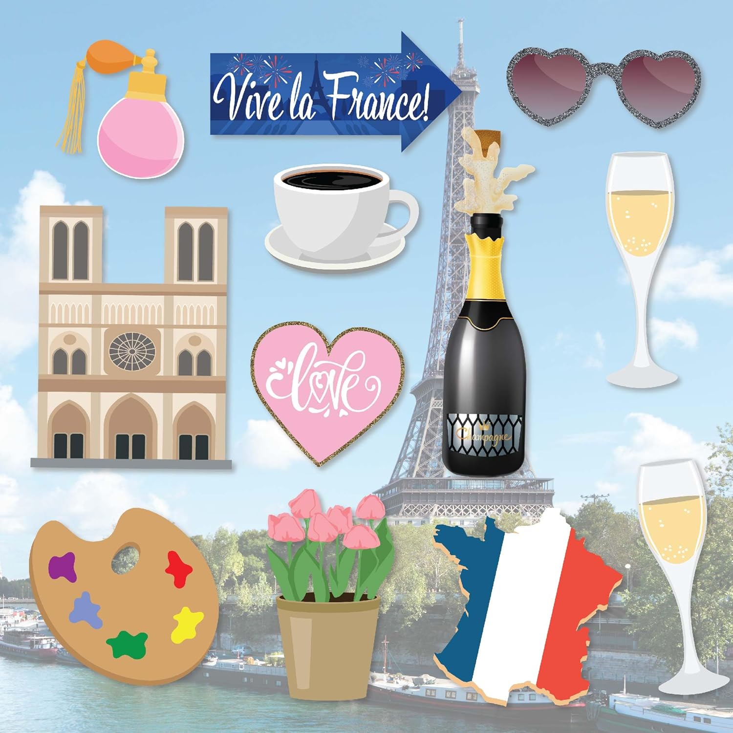 Paris Photo Booth Props 41-Pc Kit with Sign Sticks and Adhesive Pads