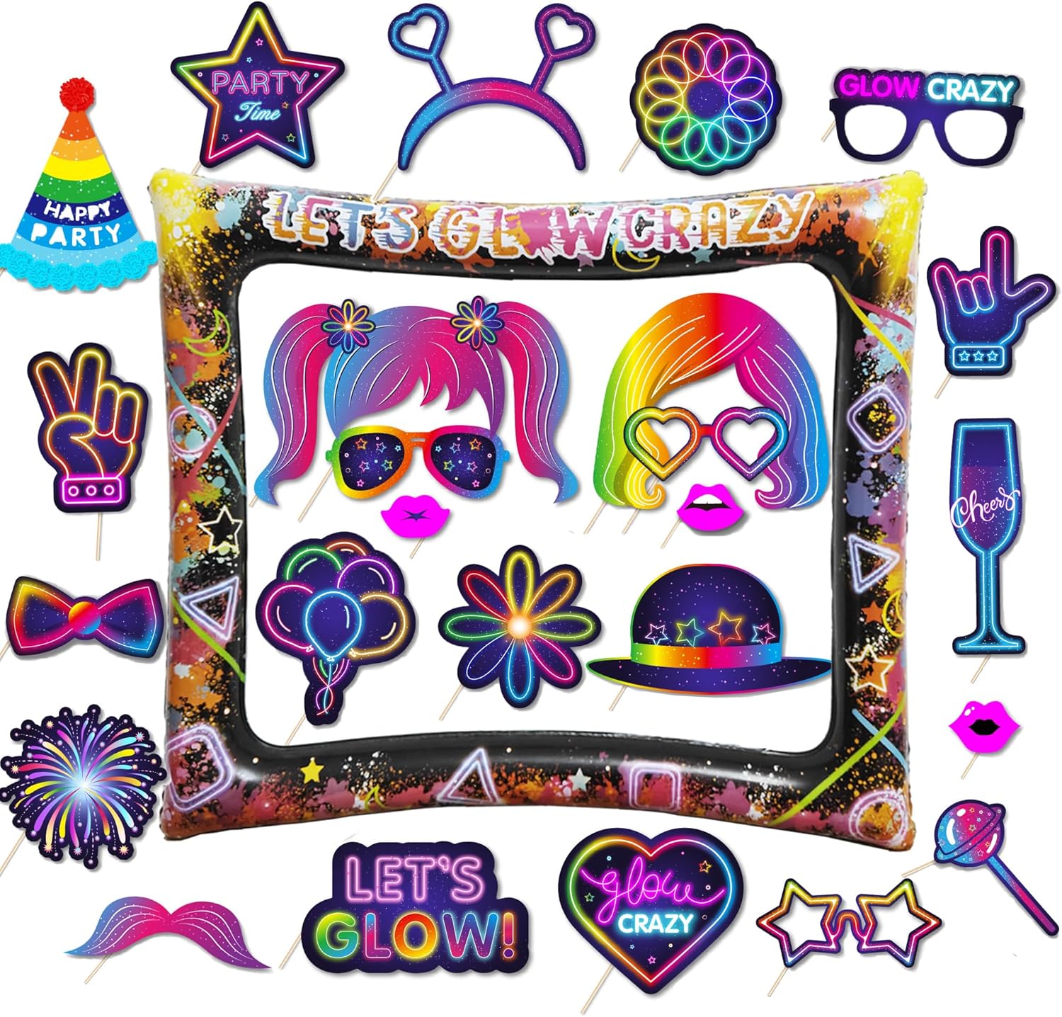 25pcs Neon Glow Party Photo Booth Props with Lets Glow Inflatable Selfie Frame