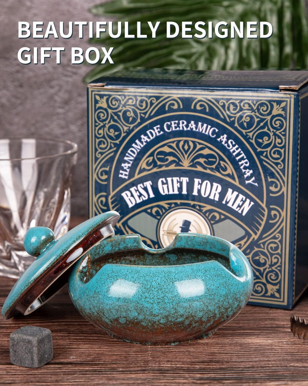 Ceramic Ashtray with Lid Windproof Cigar Holder for Home Office Outdoor