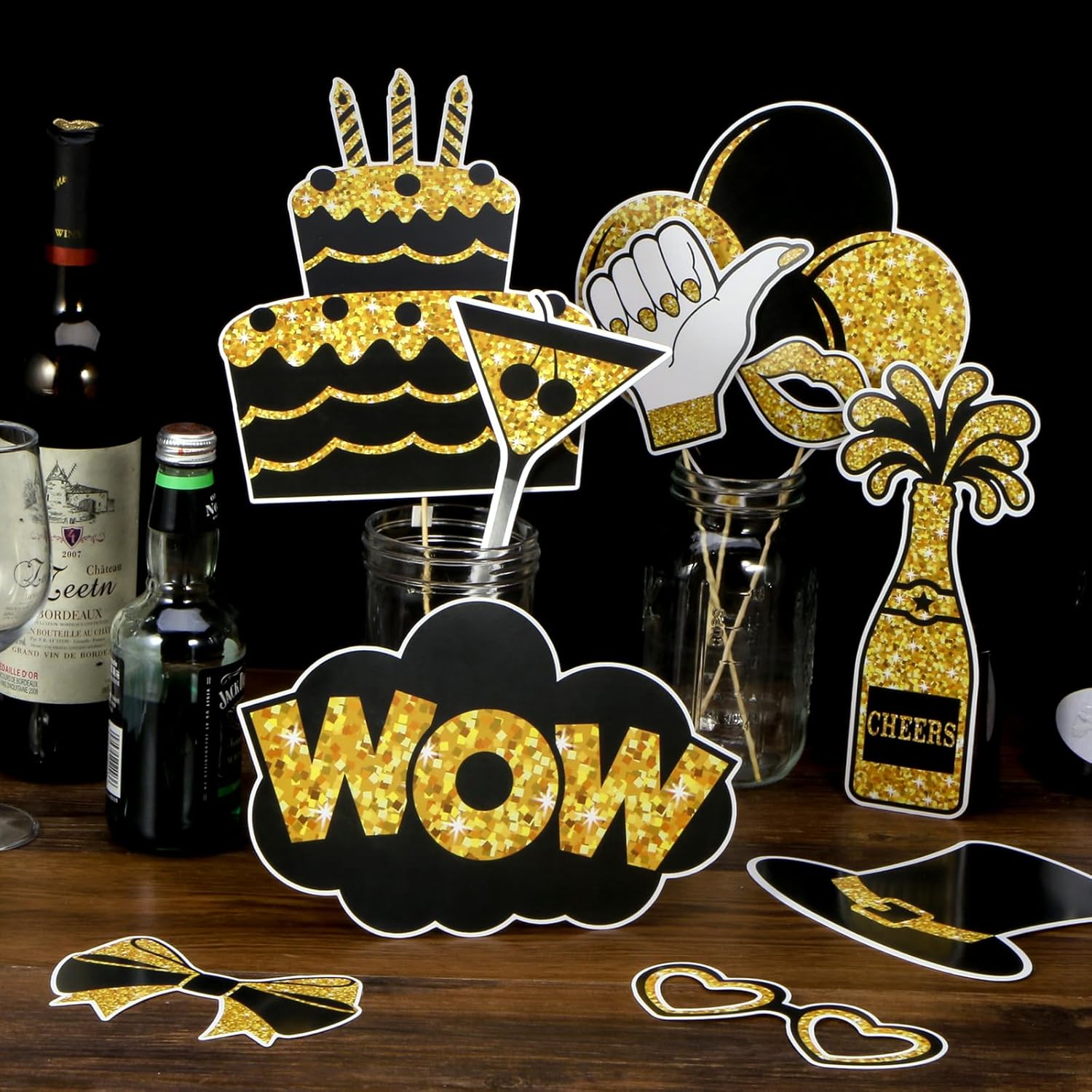 36PCS Black and Gold Photo Booth Props