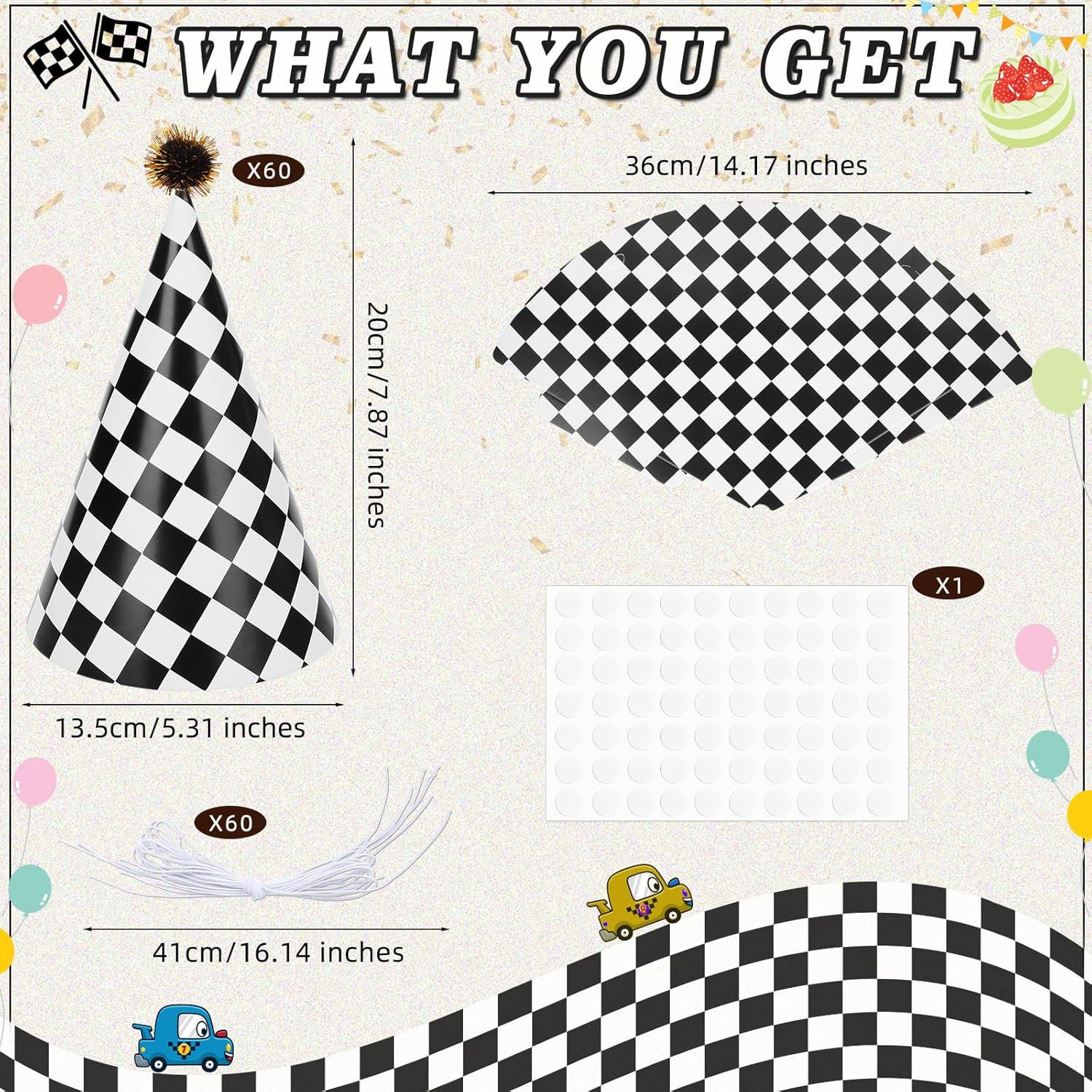 60PCS Race Car Themed Paper Cone Hats with Pom Poms and Elastic