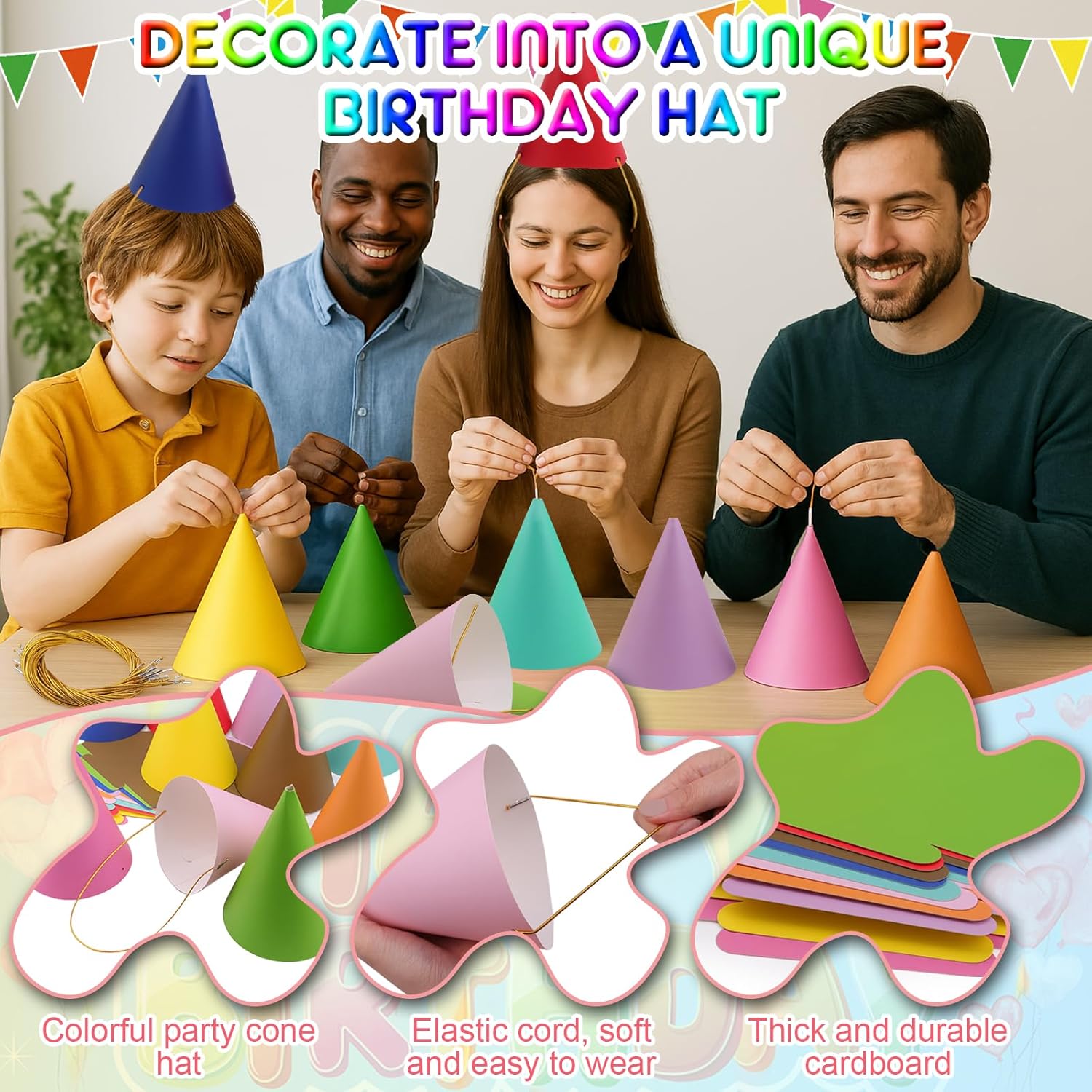 20 Pcs Pastel Rainbow Cone Hats with Elastic Cord