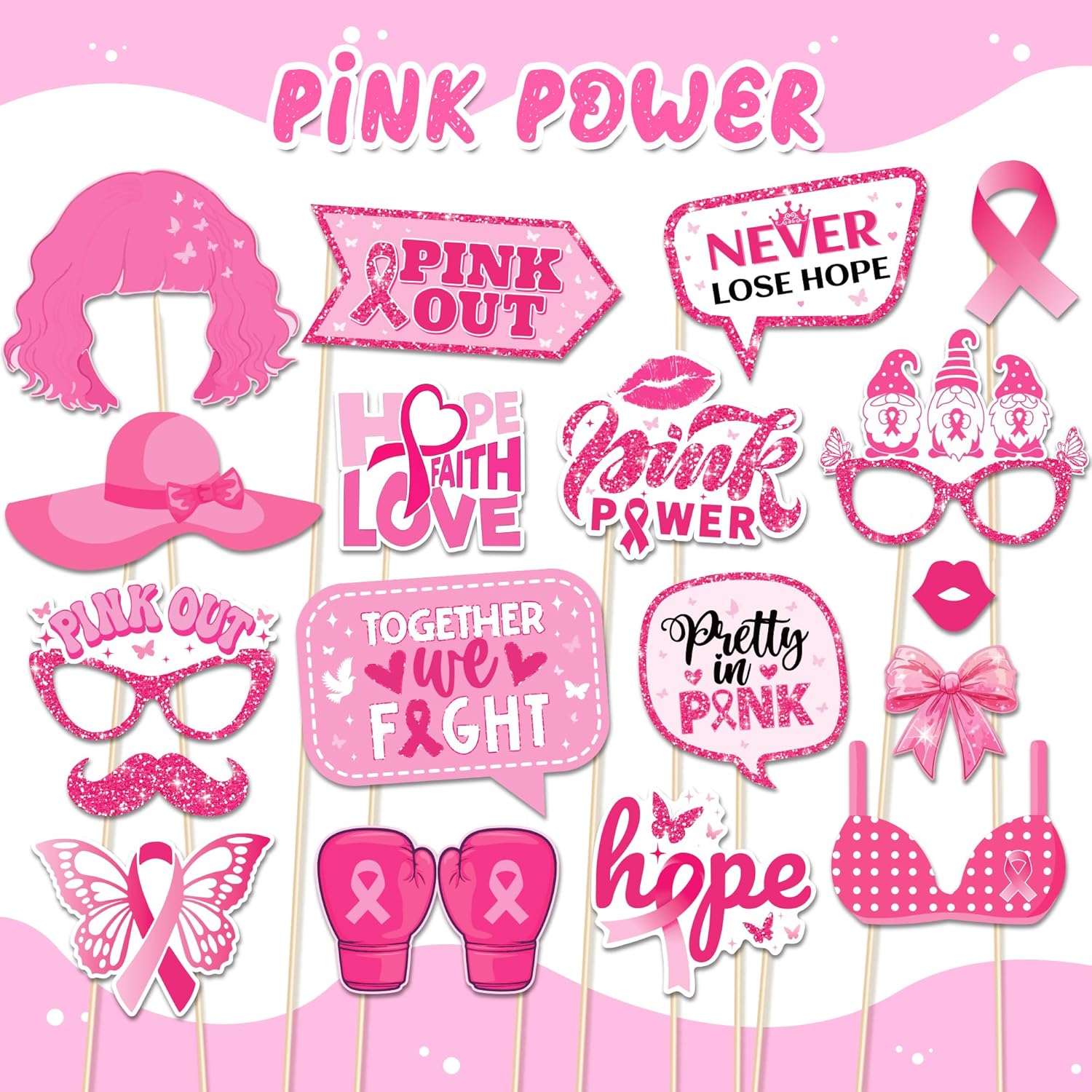 25pcs Breast Cancer Awareness Photo Booth Props with Stick