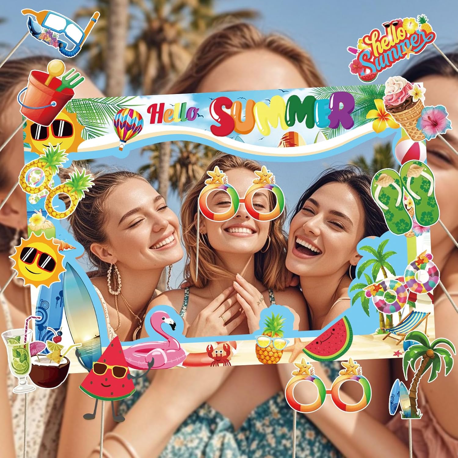 Hello Summer Photo Booth Props Set - Tropical Hawaiian Theme