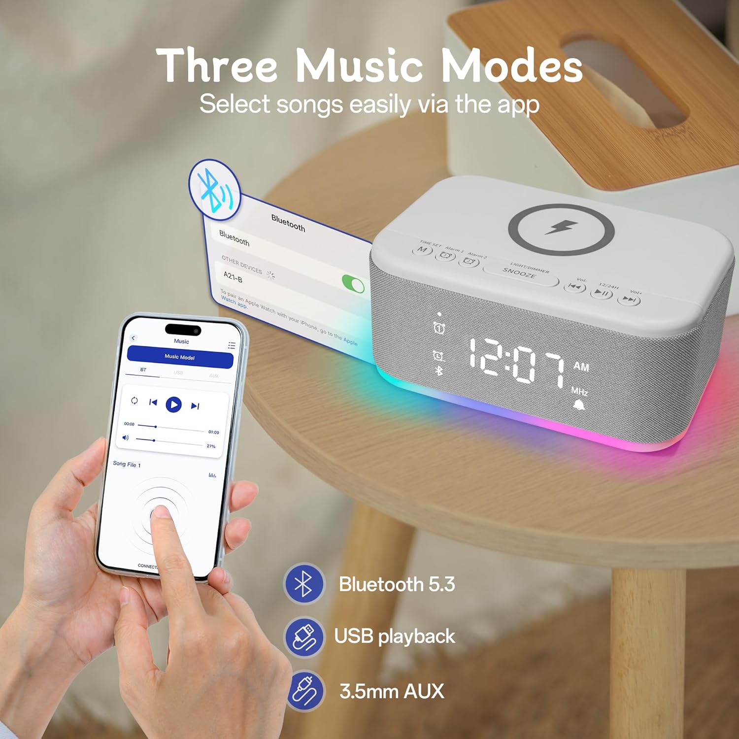 Fansbe Smart Bluetooth Alarm Clock Radio with Night Light