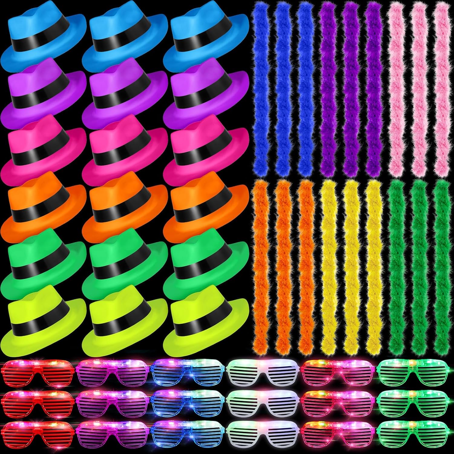 54 Piece Halloween Neon Party Kit with LED Glasses and Gangster Hats