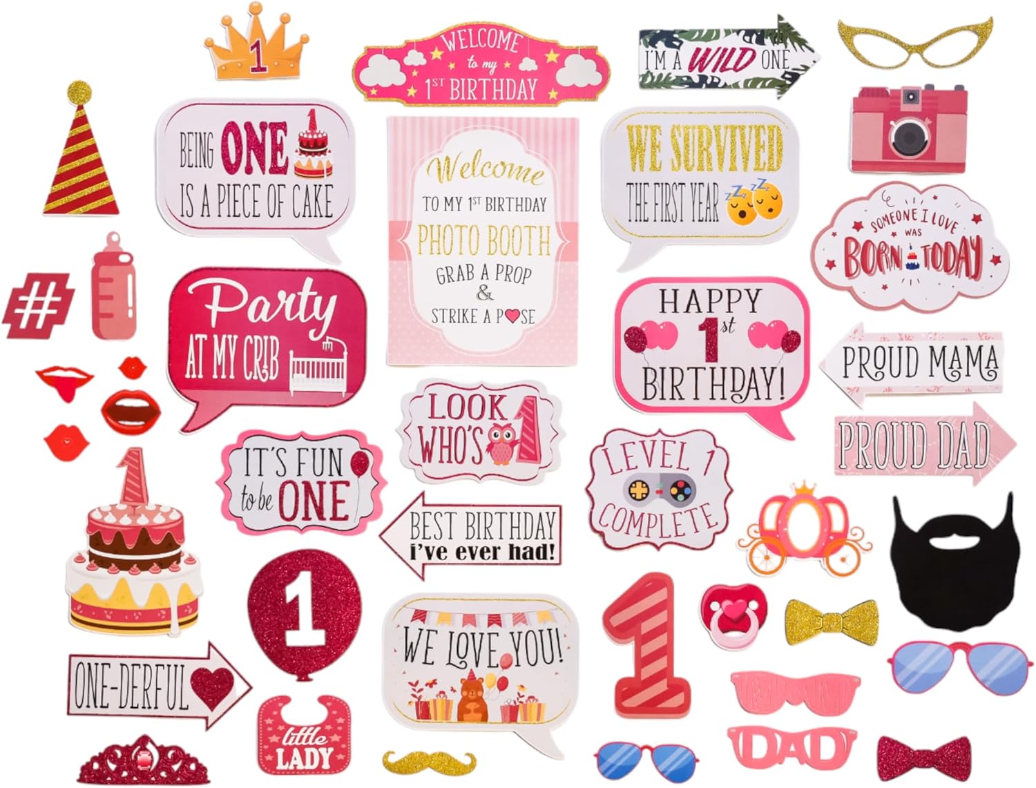1st Birthday Photo Booth Props - 41 Piece Kit with Sign Sticks Adhesive Pads