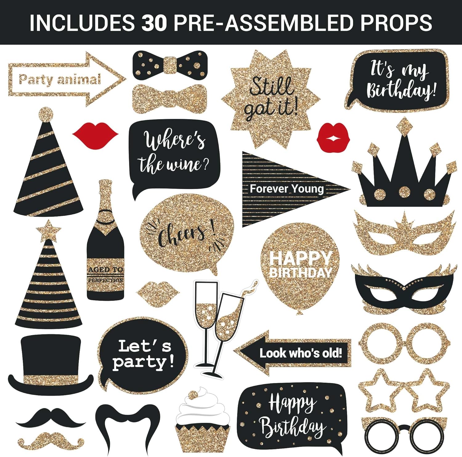 Perfect Occasion Fully Assembled Birthday Photo Booth Props 30 Piece Box Set