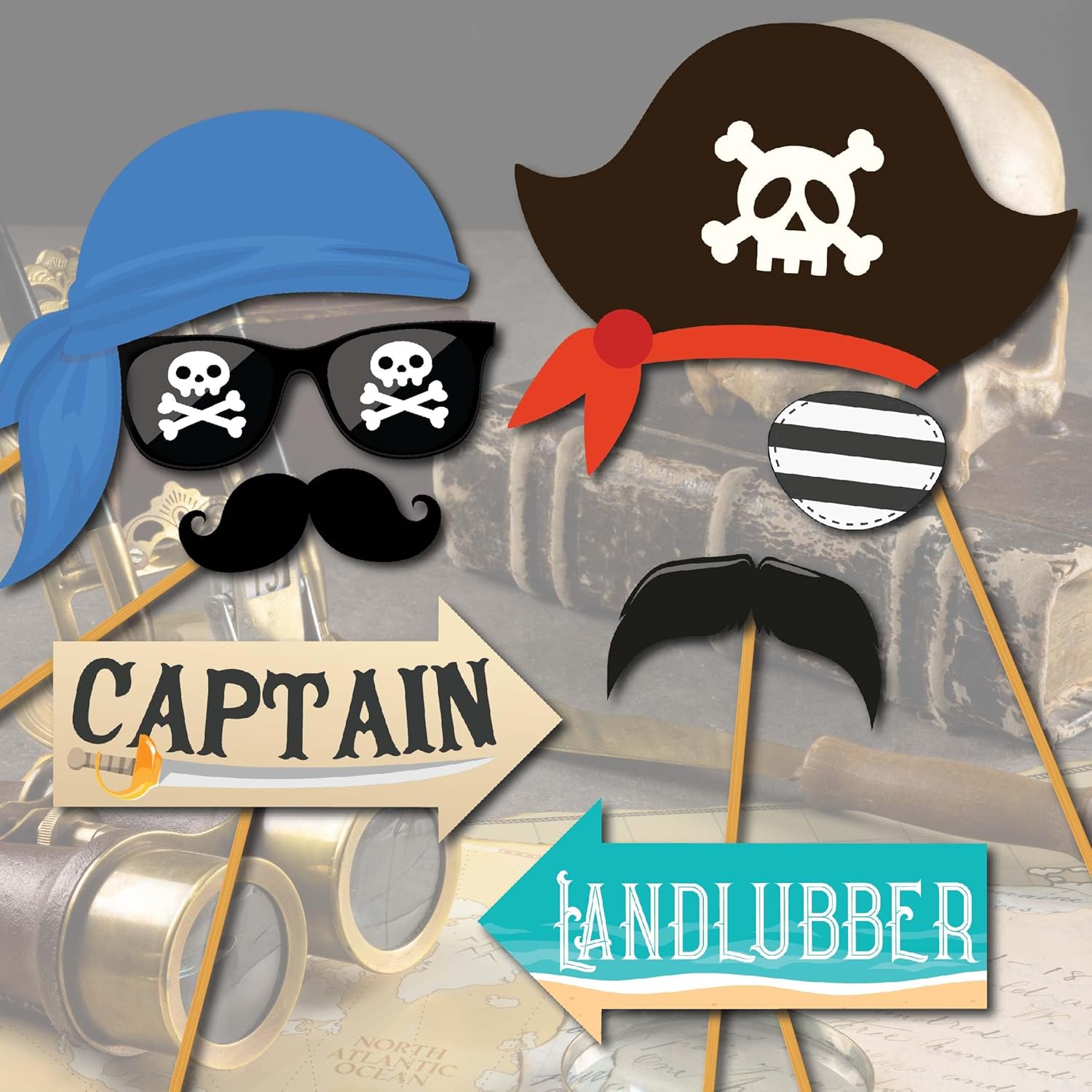 Pirate Photo Booth Props - 41pc Kit with Sign Sticks and Adhesive Pads