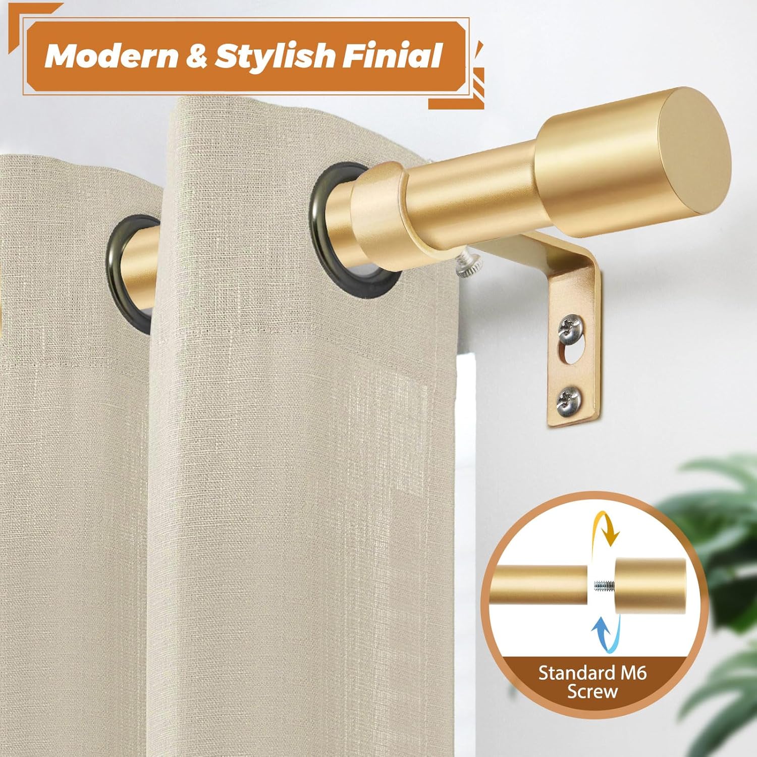 TONIAL Gold Curtain Rods 32-58 Inch Adjustable Single Rod with Modern Cap