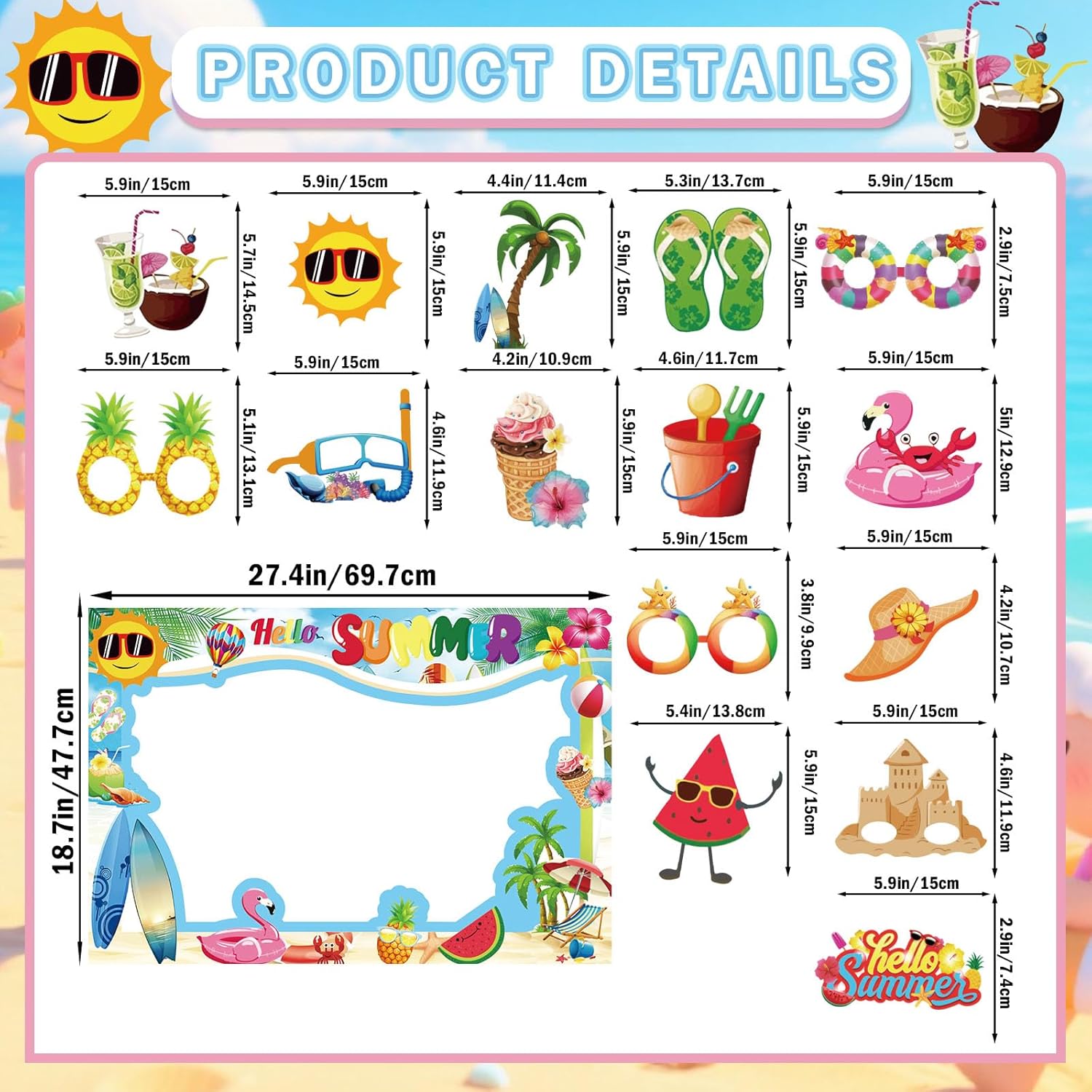 Hello Summer Photo Booth Props Set - Tropical Hawaiian Theme