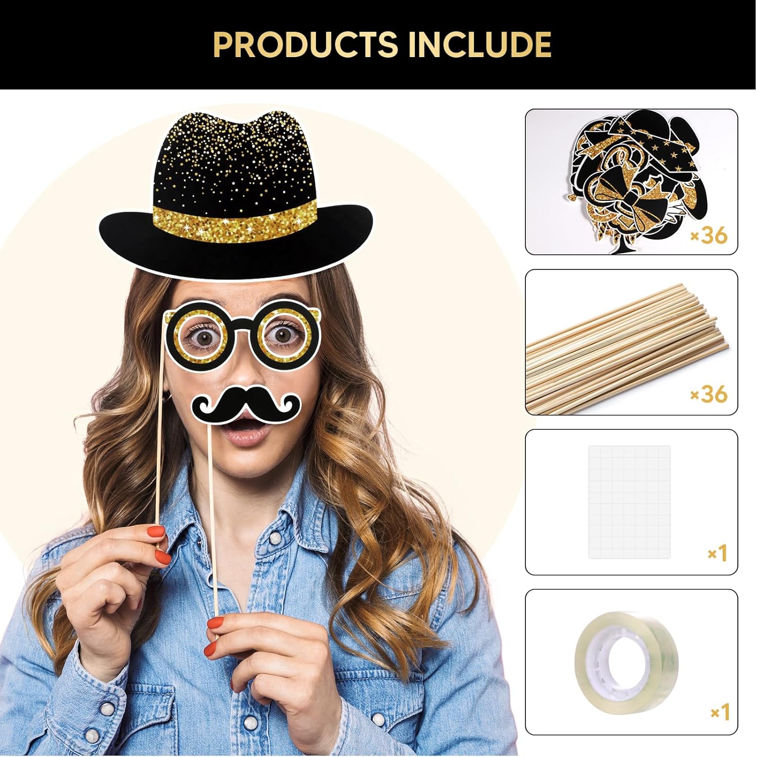 36PCS Black and Gold Photo Booth Props