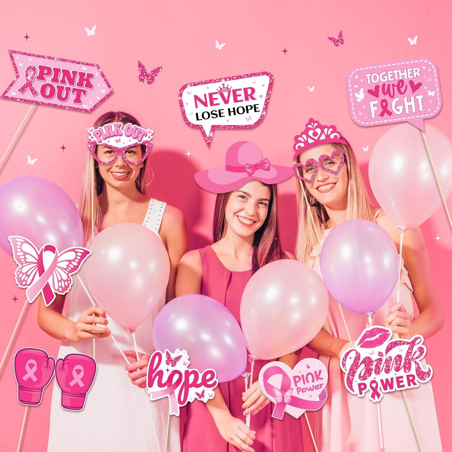 25pcs Breast Cancer Awareness Photo Booth Props with Stick