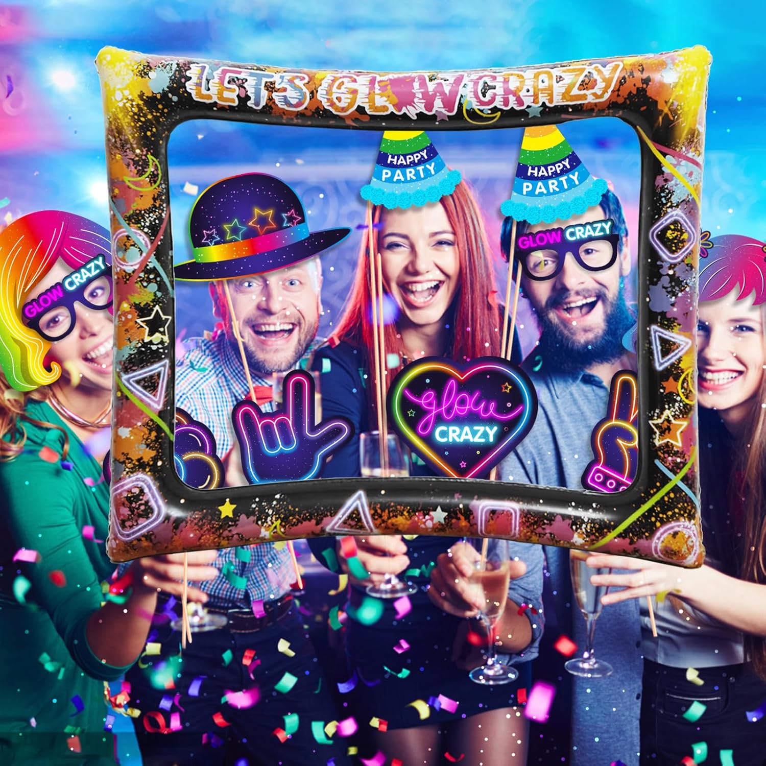 25pcs Neon Glow Party Photo Booth Props with Lets Glow Inflatable Selfie Frame